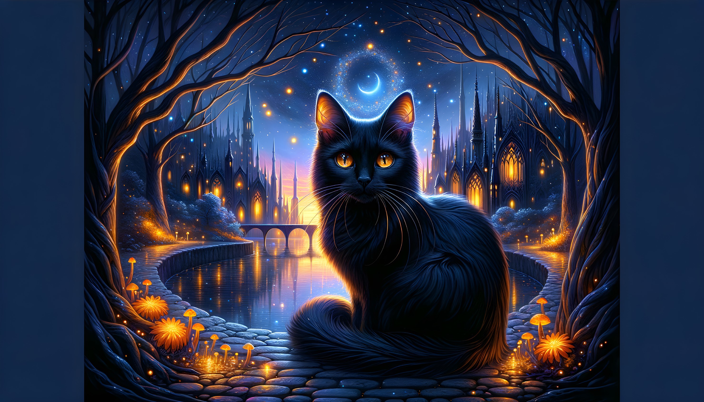 Mystical Black Cat by Moonlit Lake with Enchanted Trees