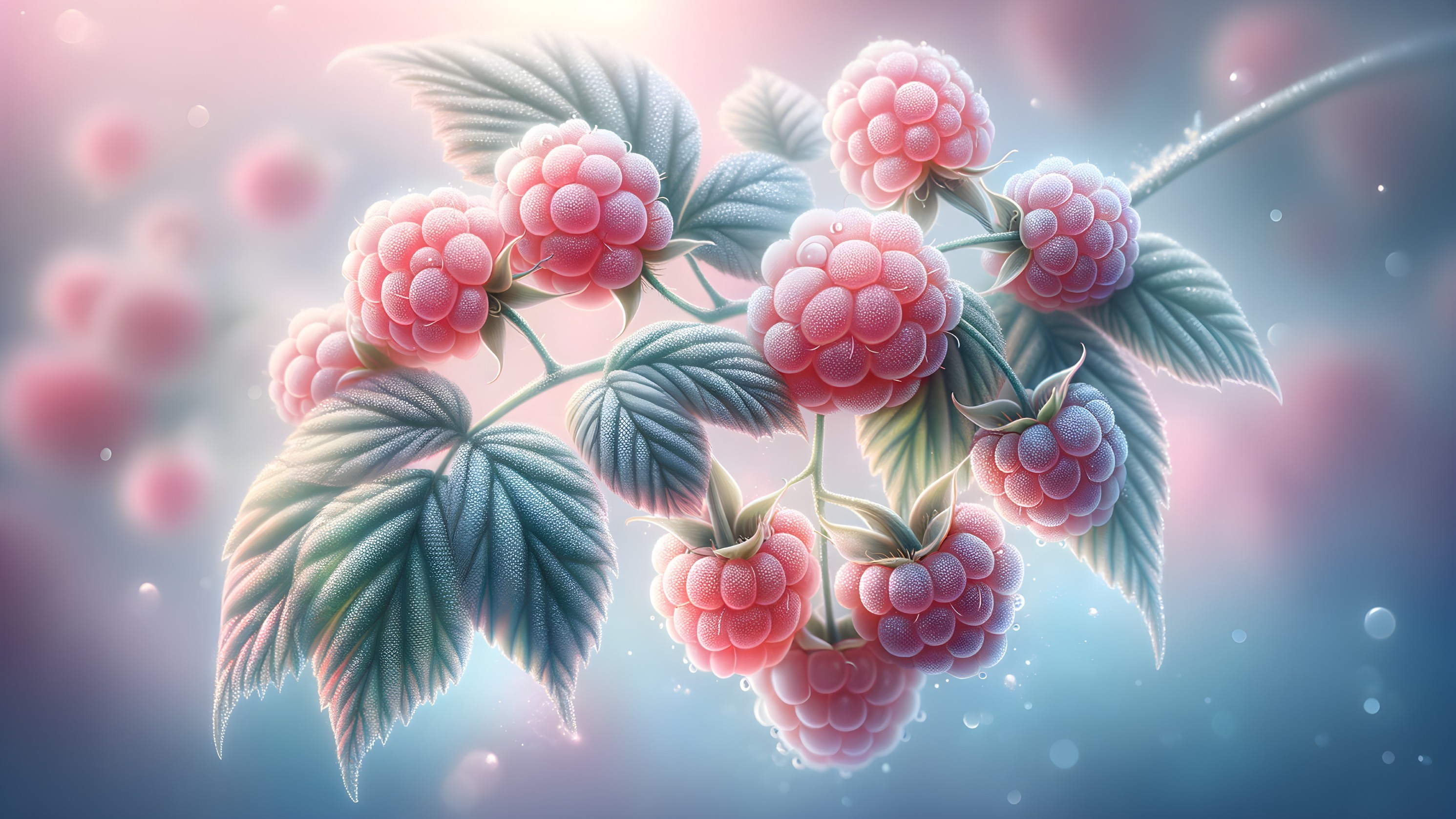 Ripe Raspberries Among Dewy Green Leaves in Pastel Background