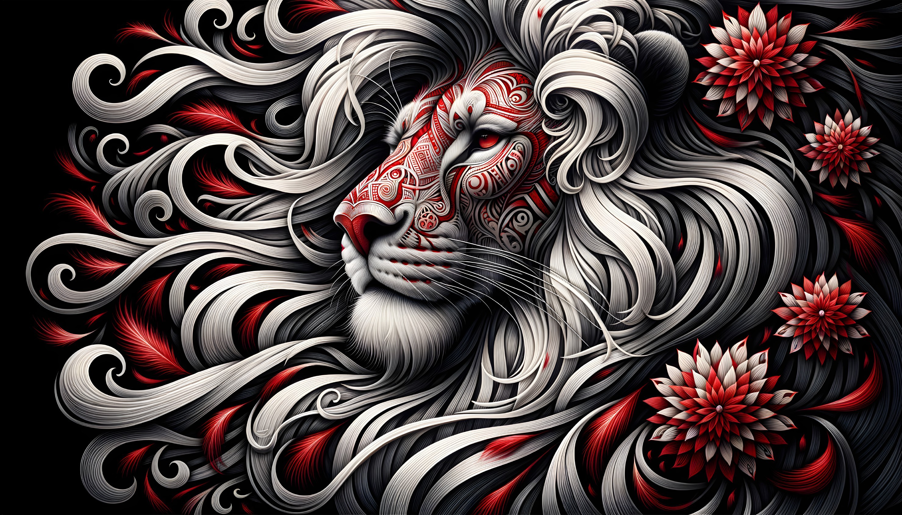 Majestic Lion Head with Tribal Motifs and Flowers