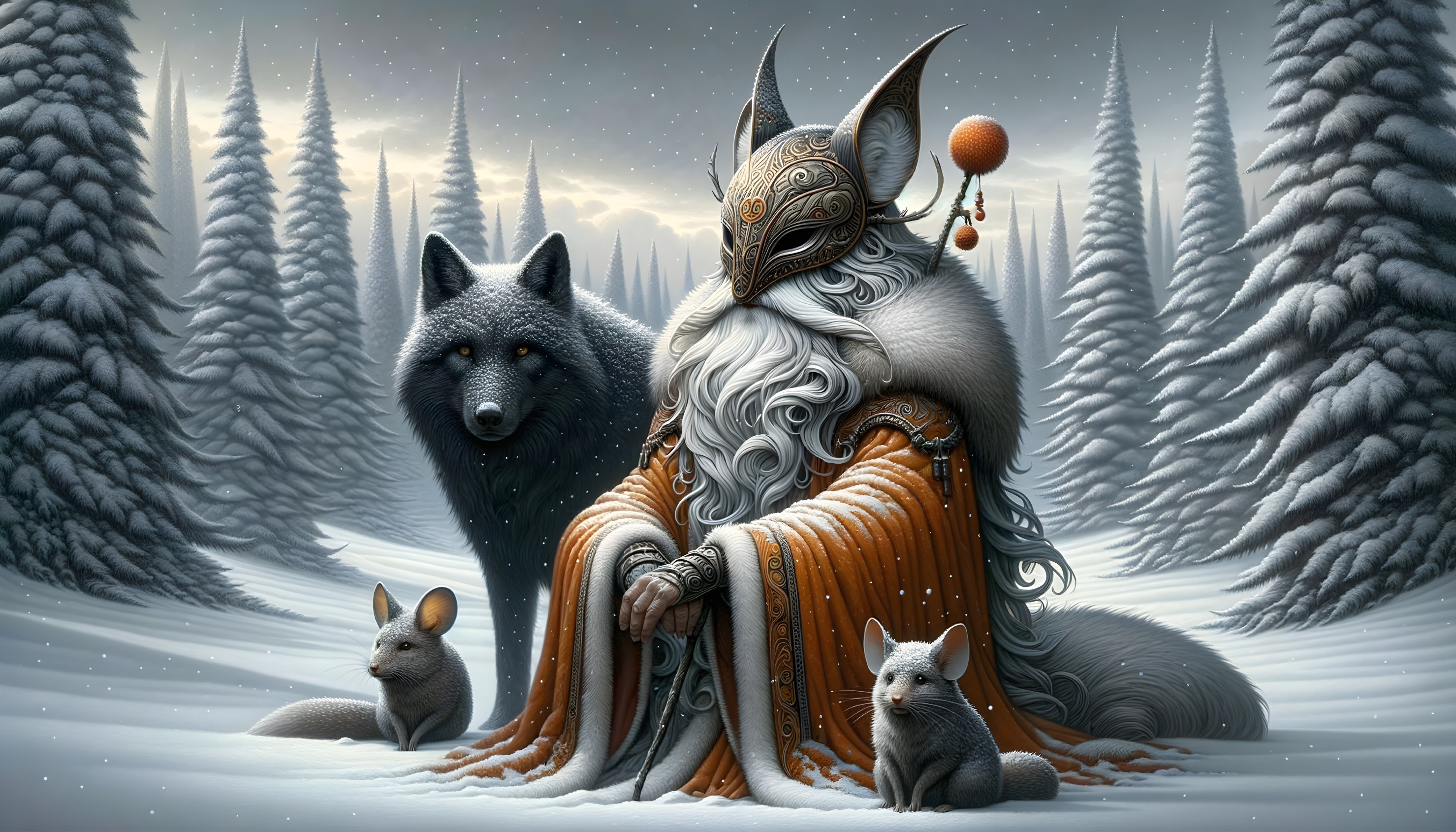 Majestic figure in orange robes in snowy forest scene