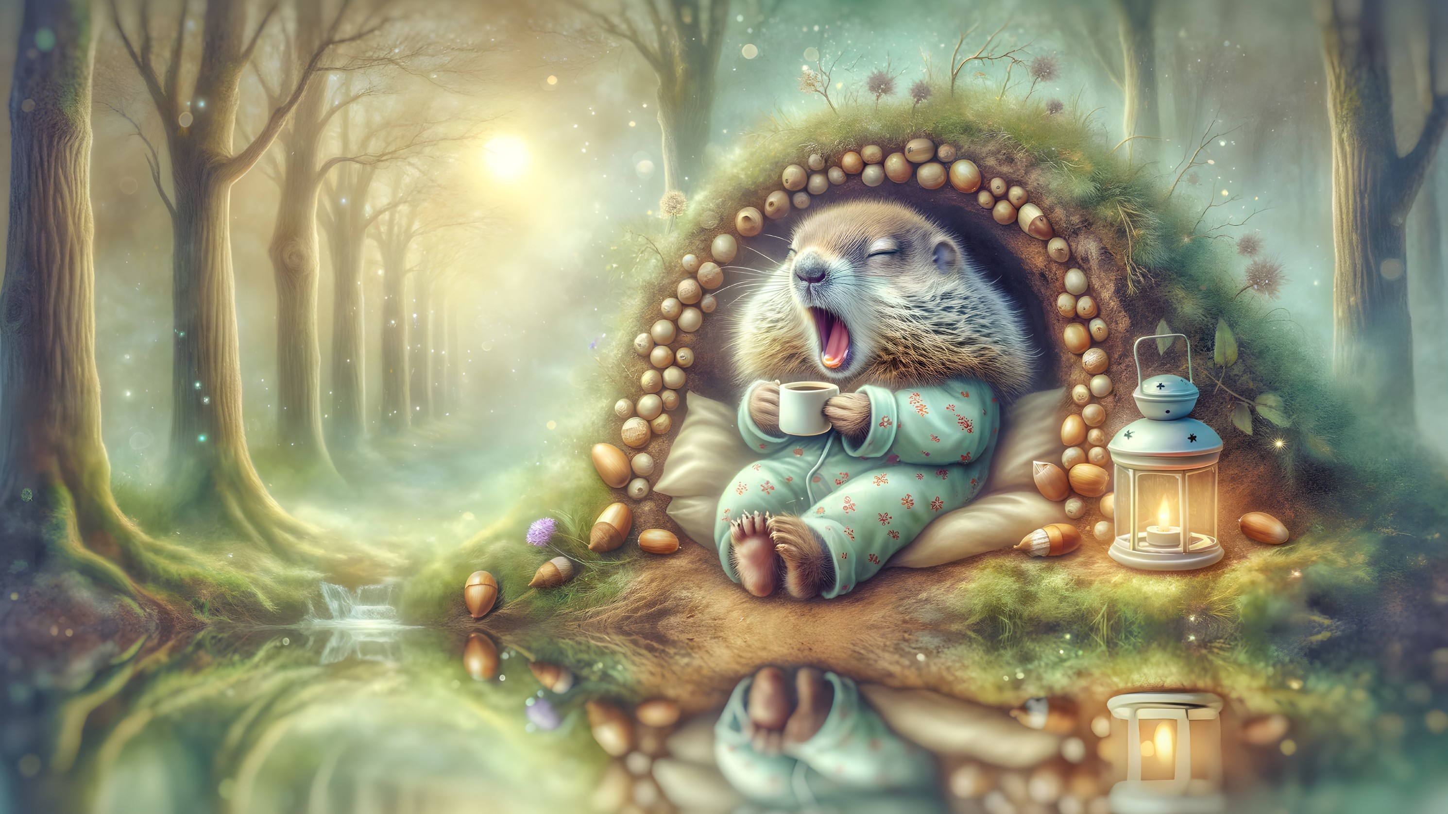 Sleepy Creature in Cozy Burrow with Lantern and Acorns