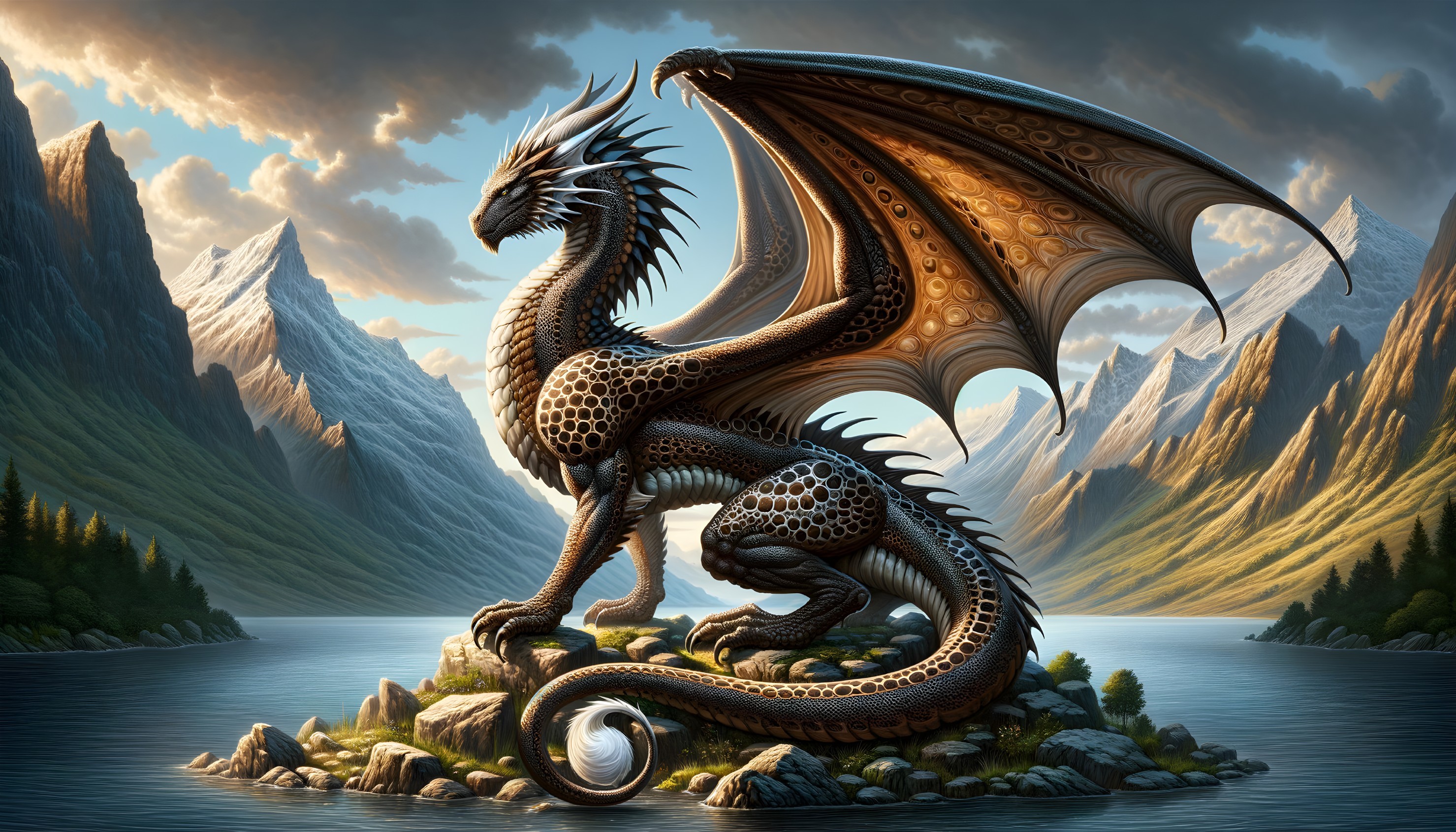 Golden-scaled dragon by serene lake and mountains