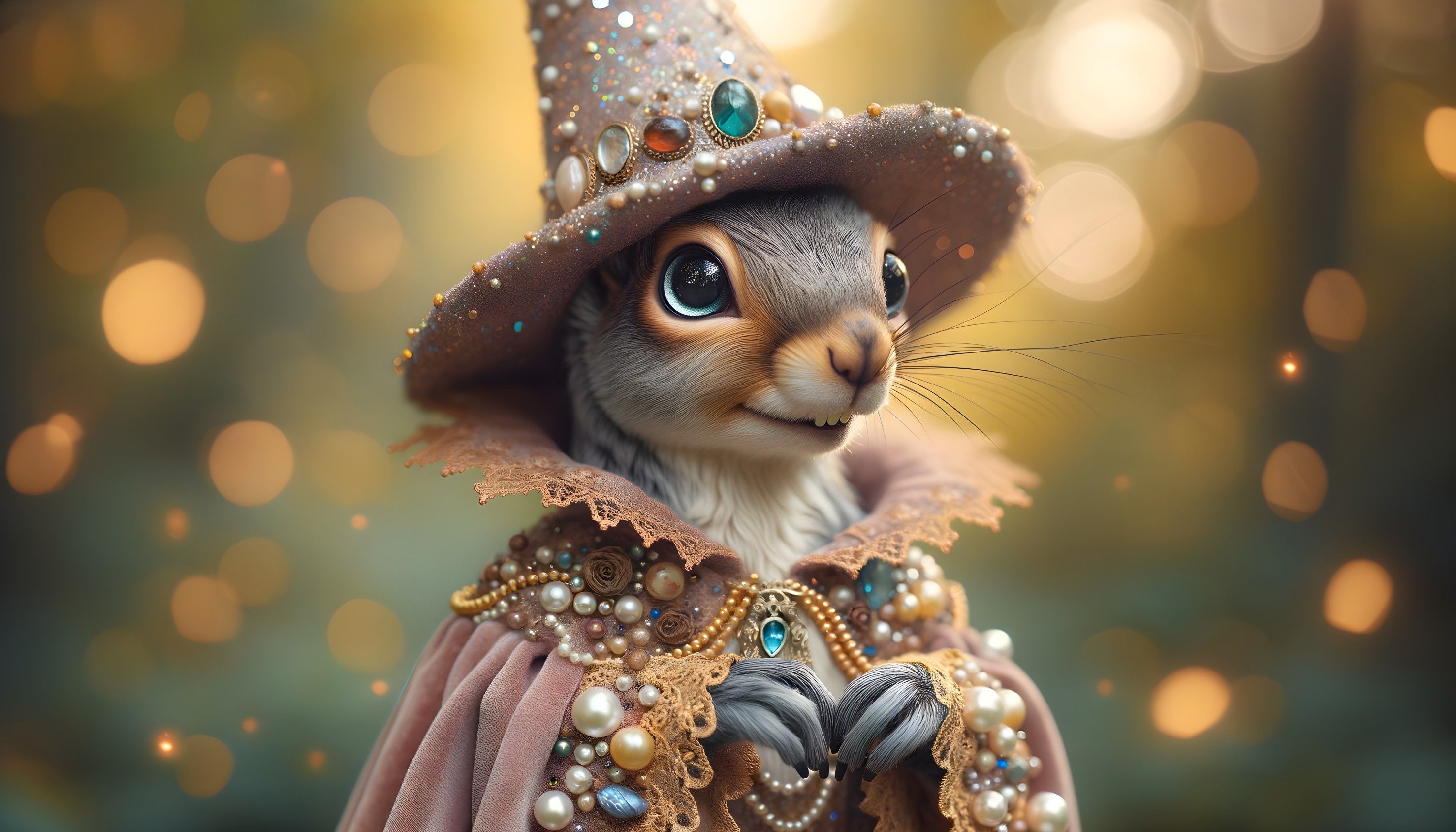 Whimsical Squirrel in Dreamy Forest with Wizard Hat