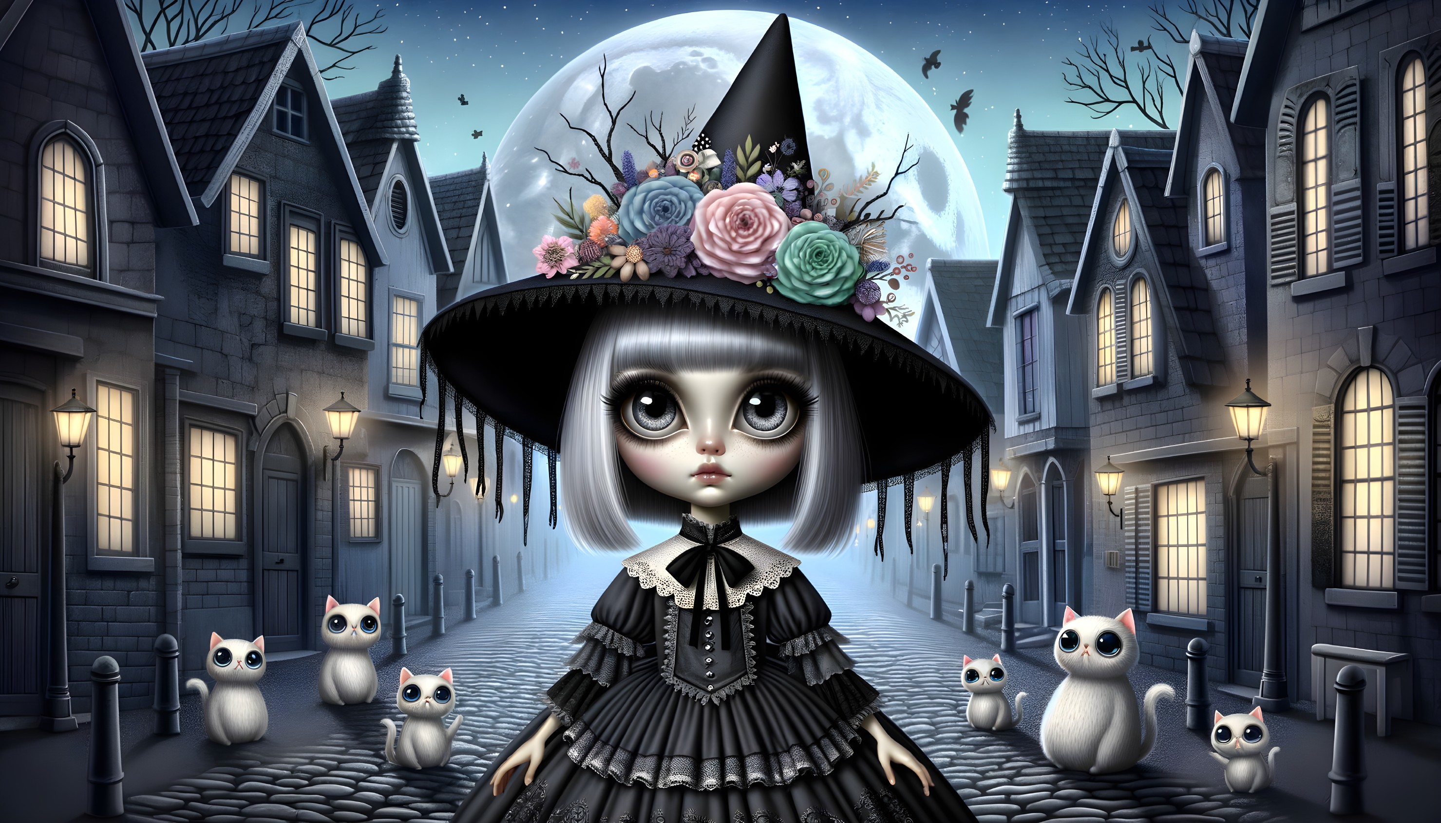 Whimsical Scene of a Girl in Witch's Dress at Night