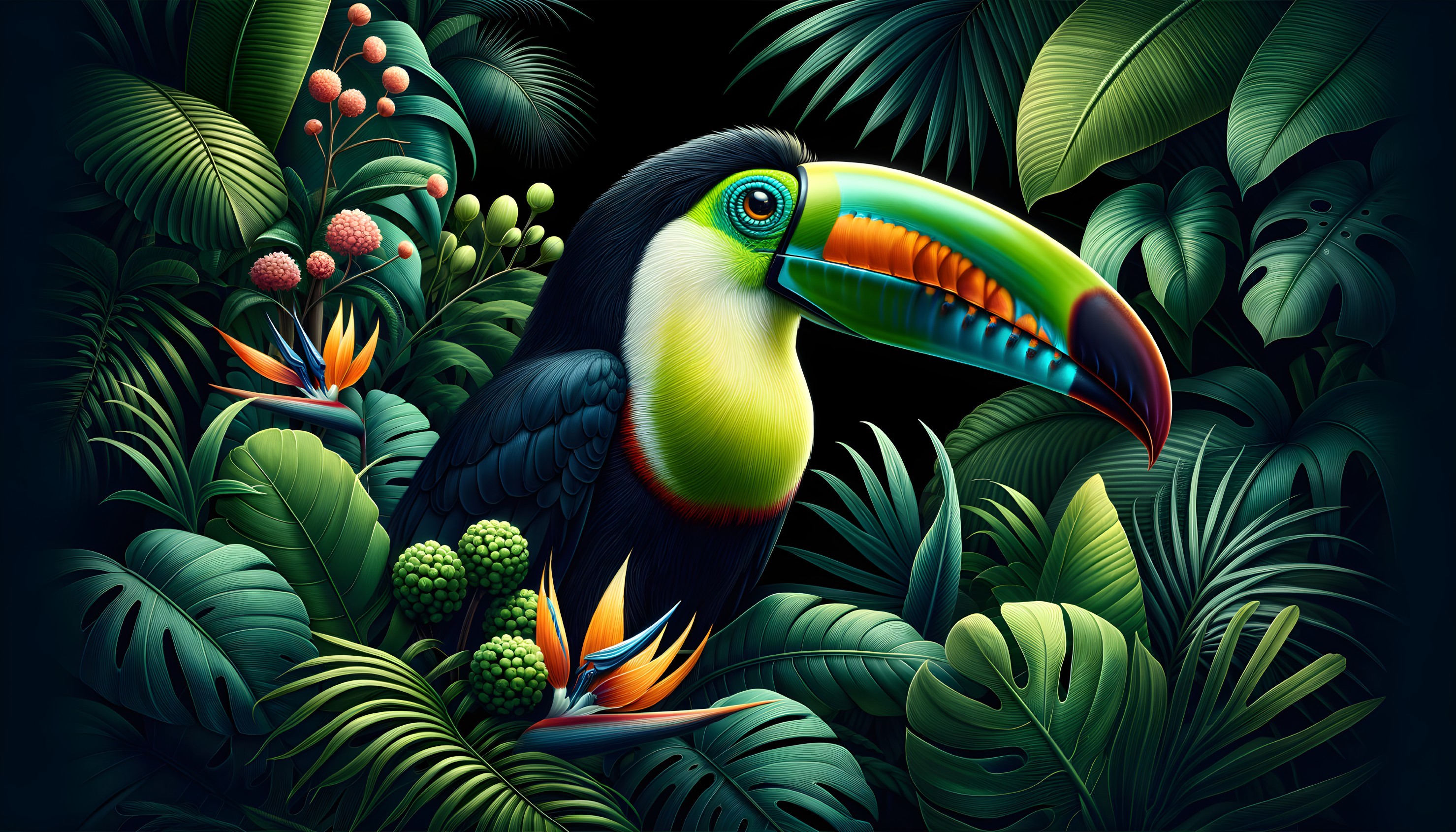 Tropical Scene with Colorful Toucan and Foliage
