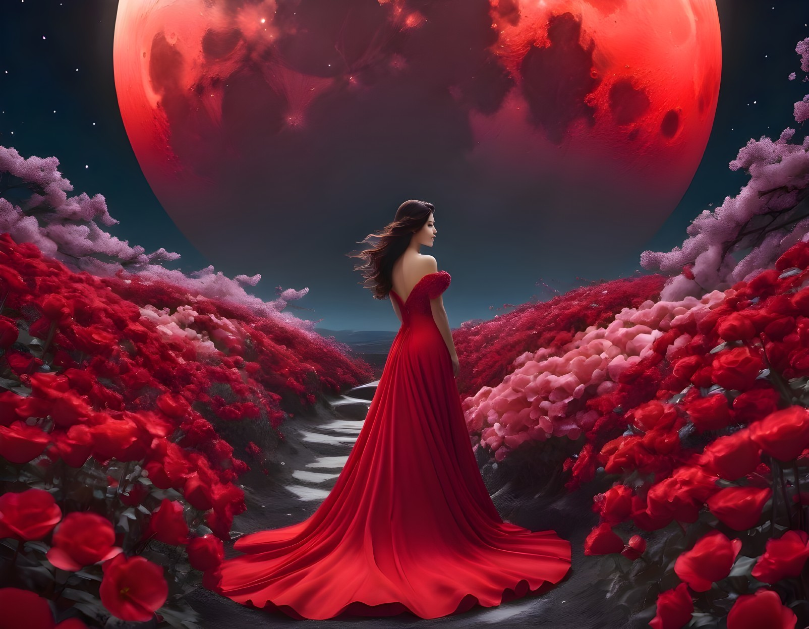 Woman in Red Gown Under Glowing Red Moon