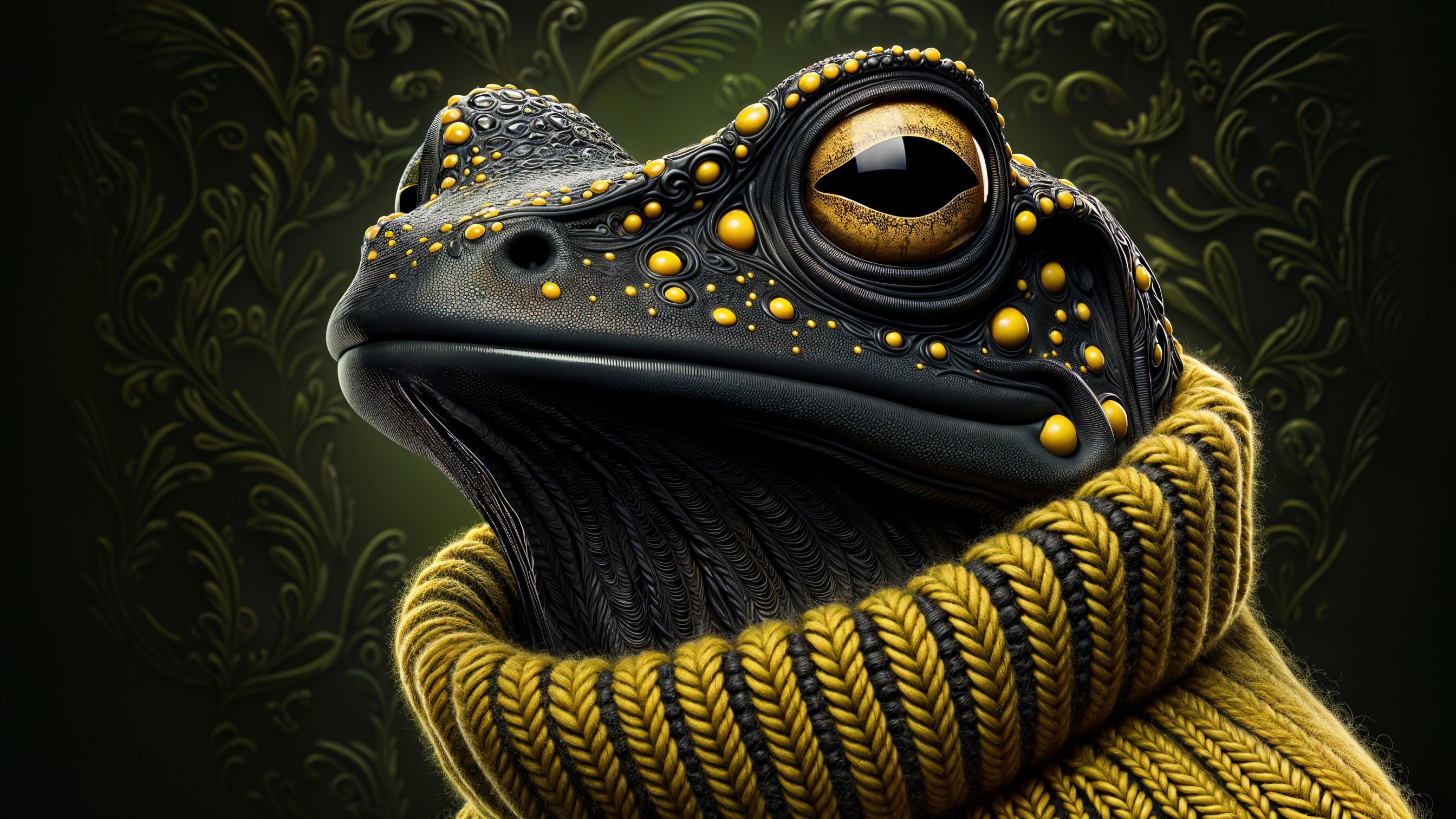 Whimsical Frog in Mustard Sweater with Floral Background