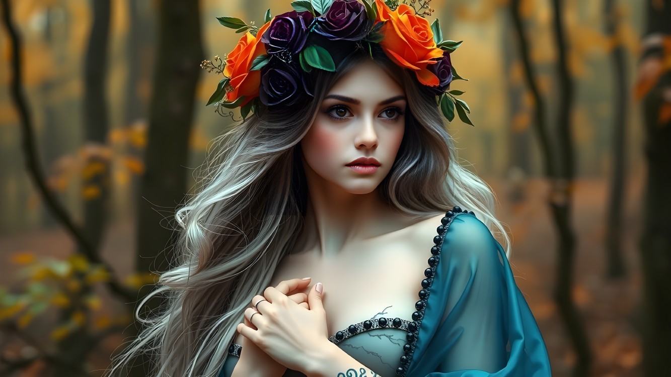 Young Woman in Floral Crown in Serene Forest Setting