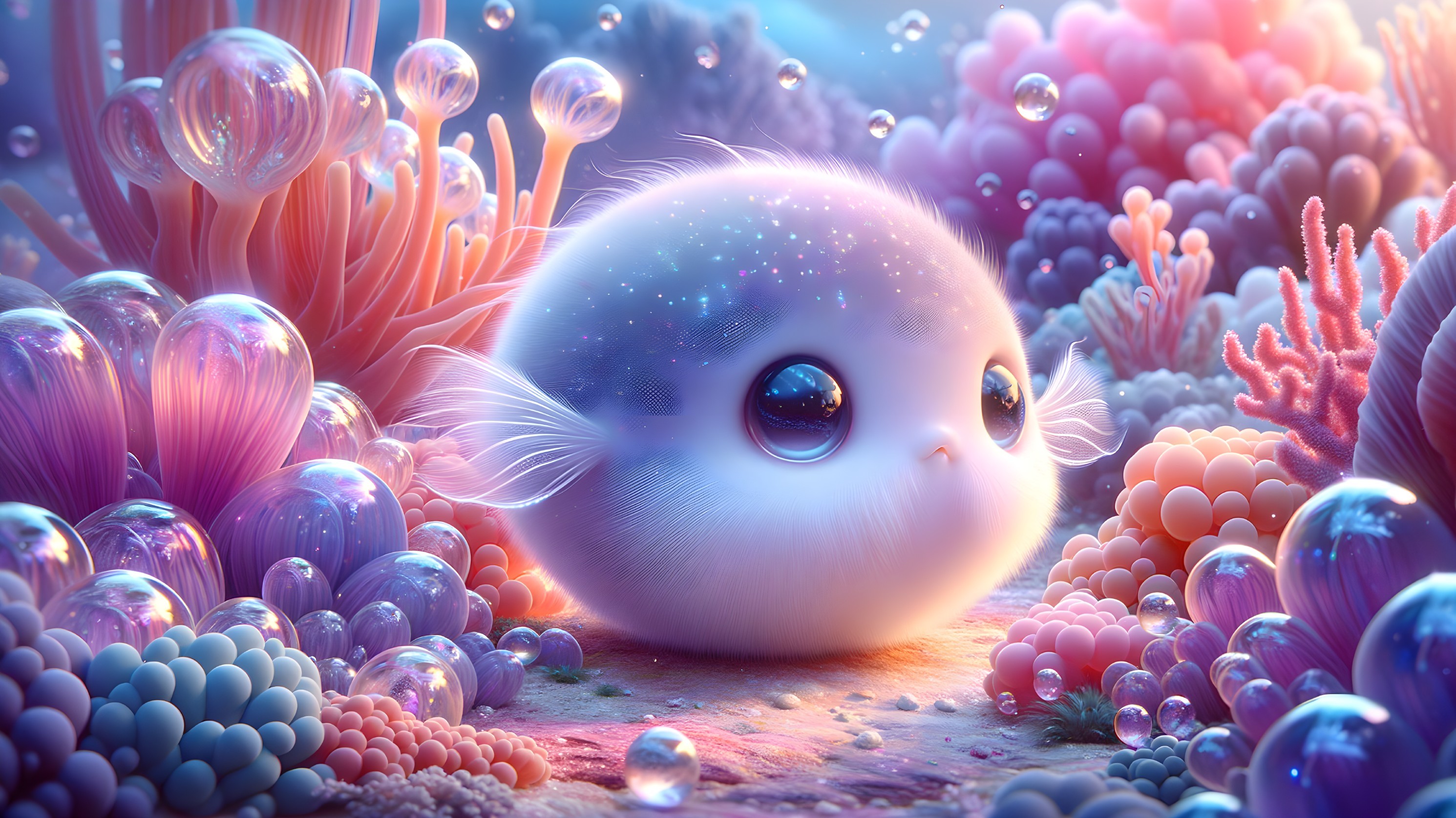 Whimsical Underwater Scene with Colorful Corals and Bubbles