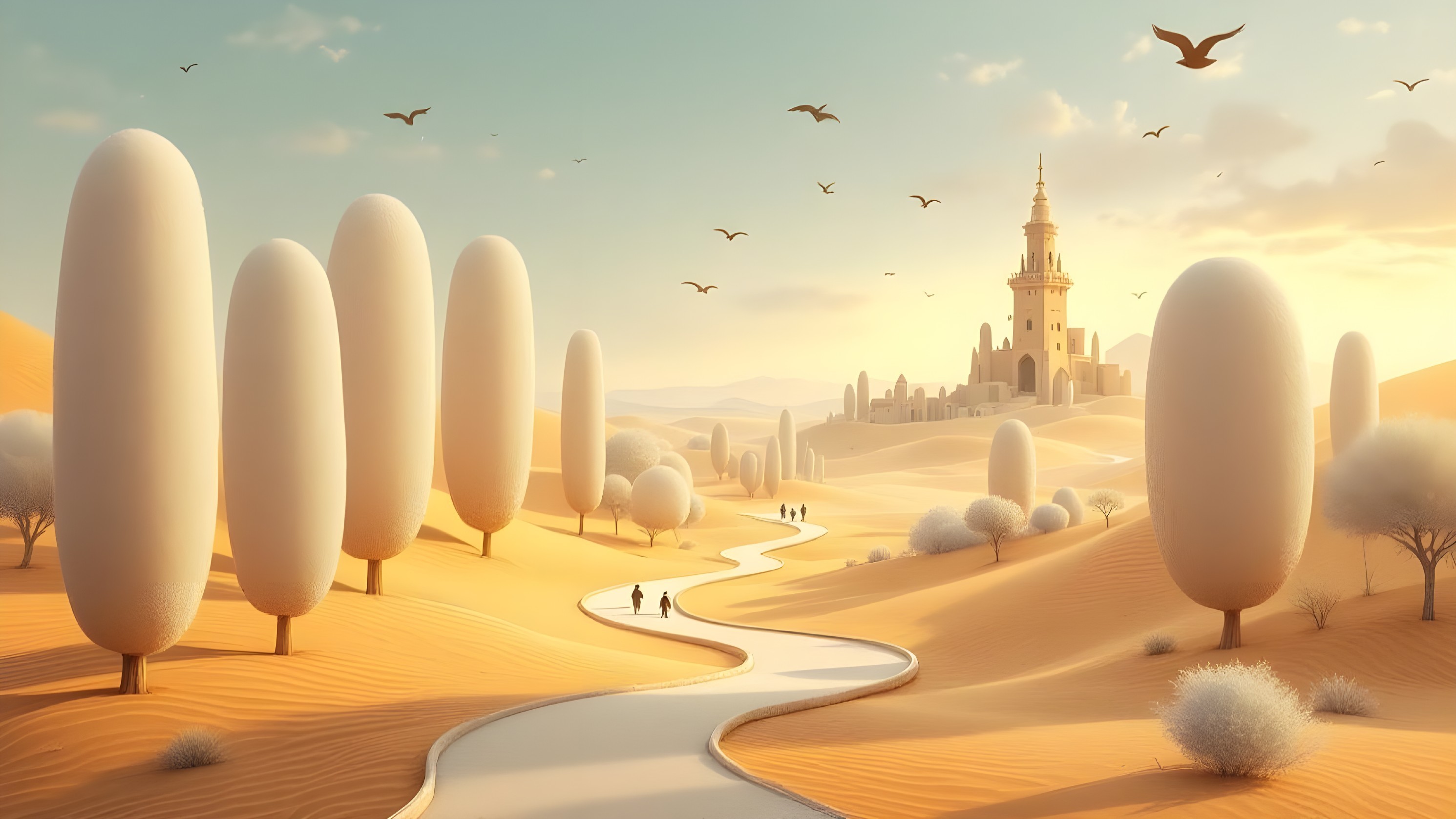 Serene Desert Landscape with Castle and Gentle Dunes