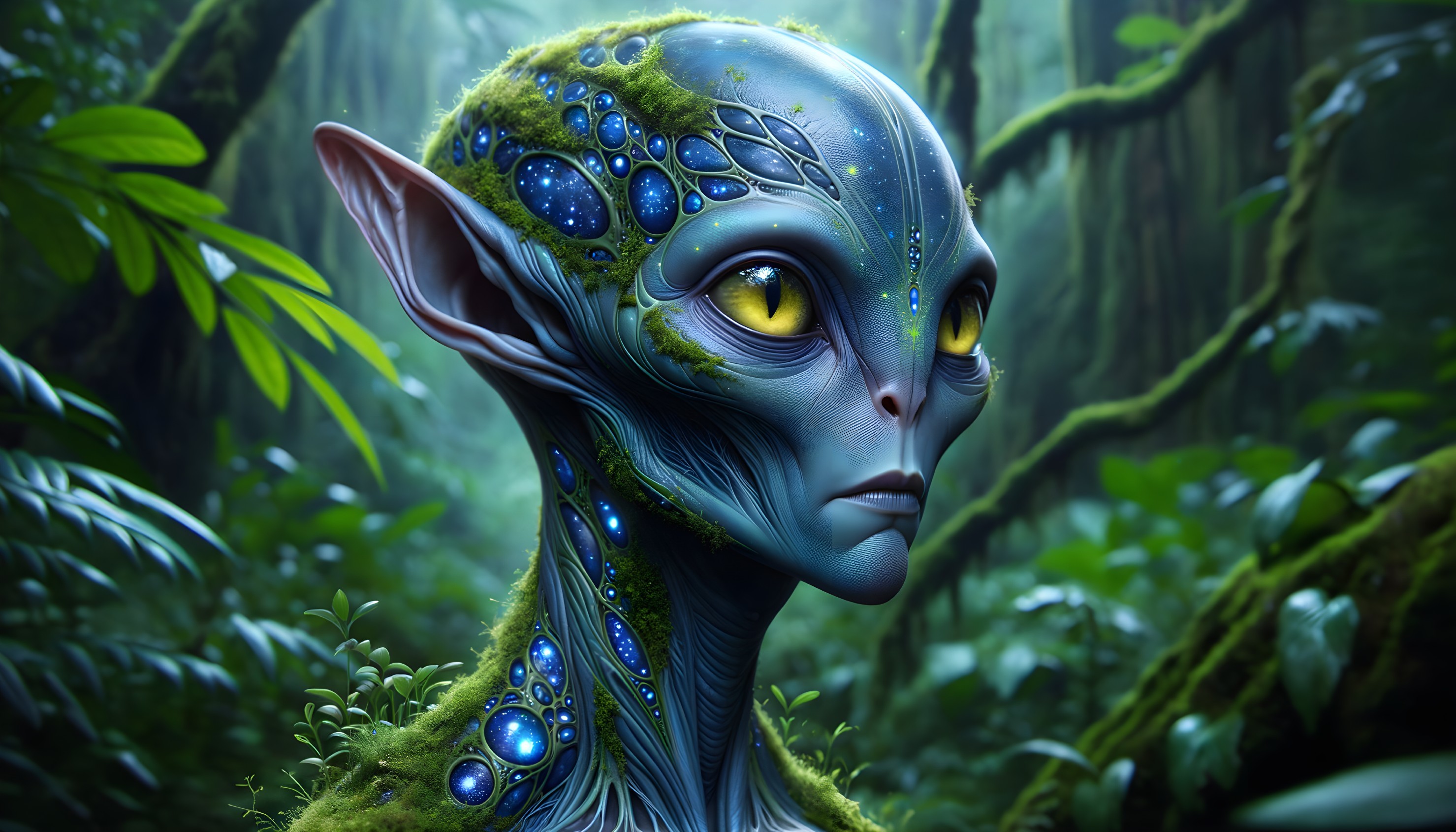 Alien Creature with Blue Skin in Lush Jungle Setting