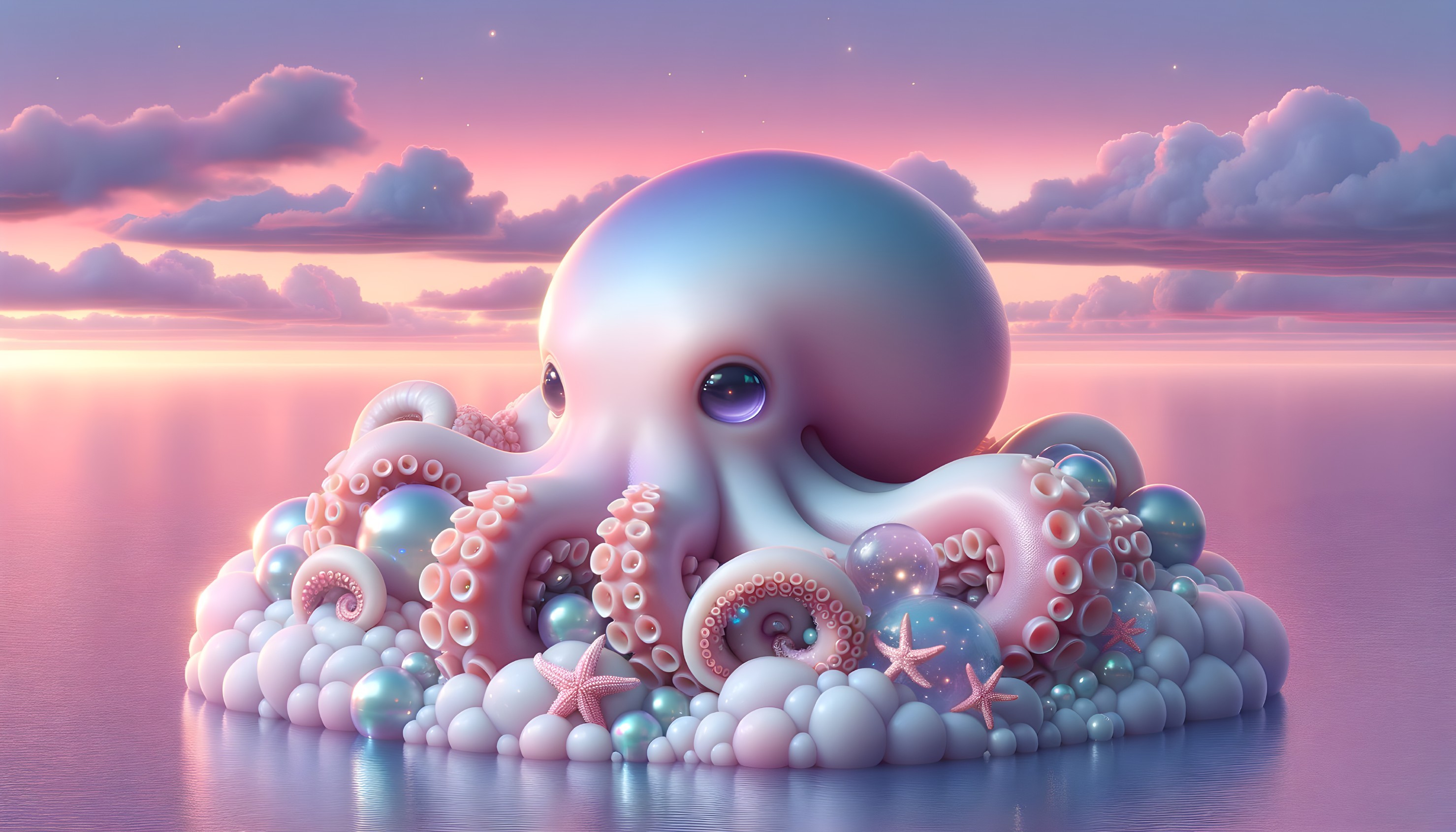 Whimsical Octopus on Fluffy Cloud in Pastel Seascape