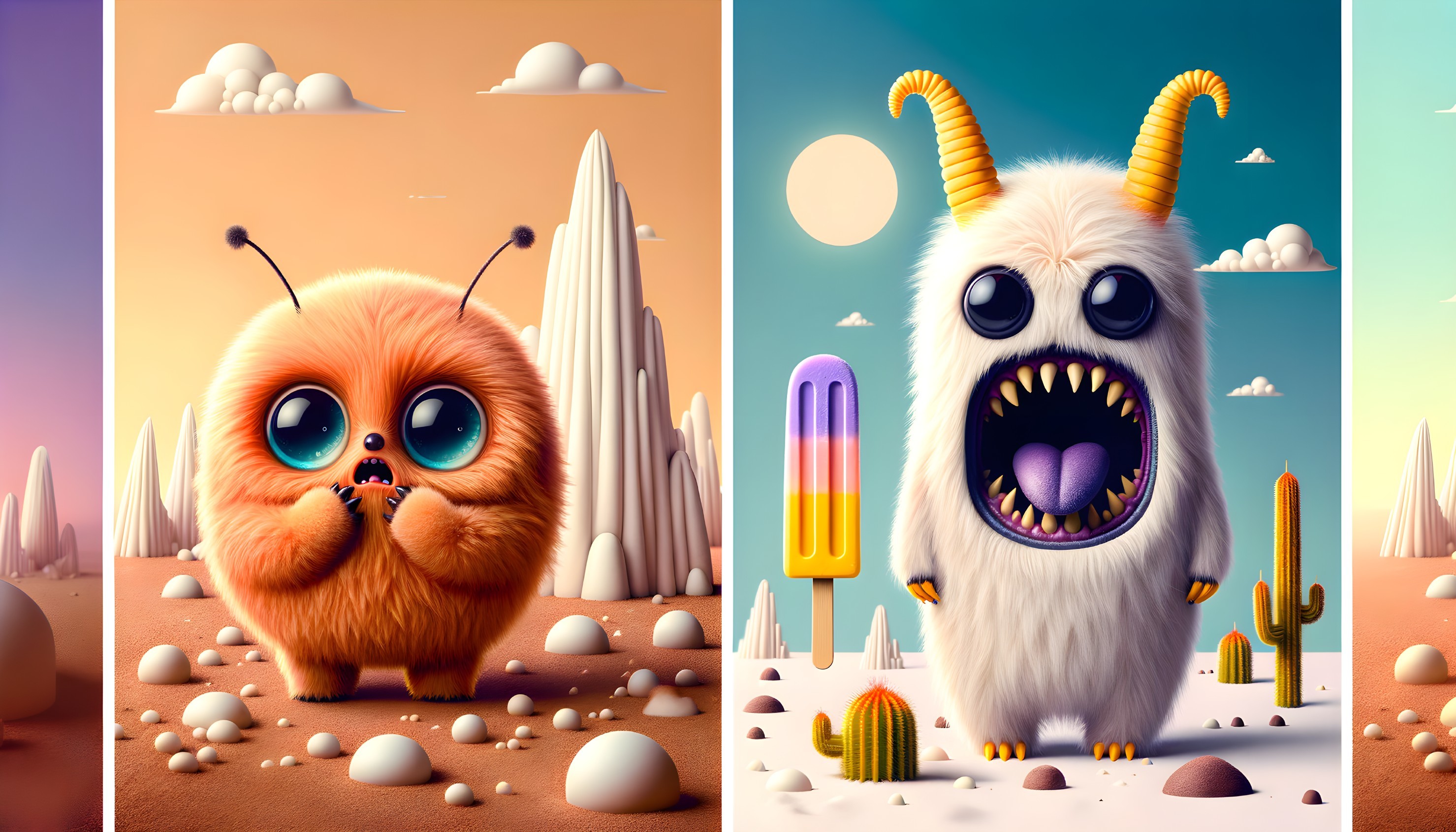 Whimsical Landscape with Cartoonish Creatures and Colors