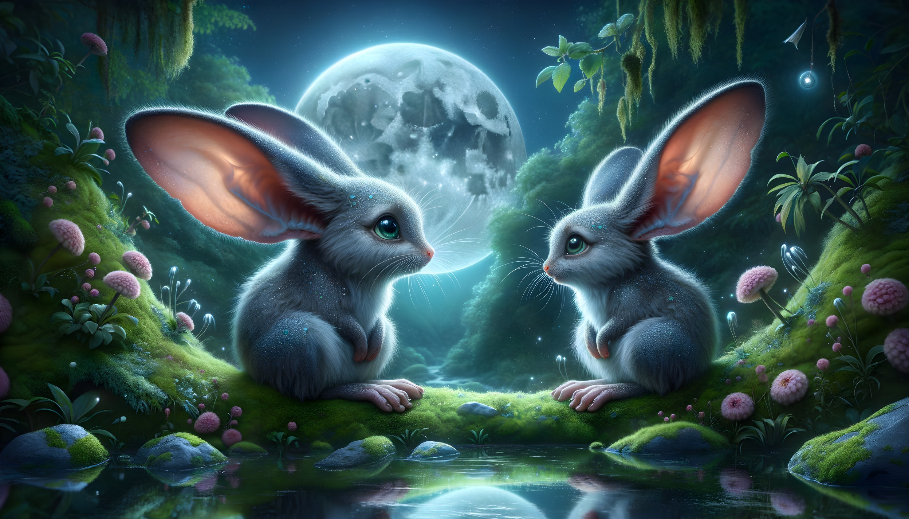 Moonlit Forest with Fluffy Rabbits on Mossy Bank