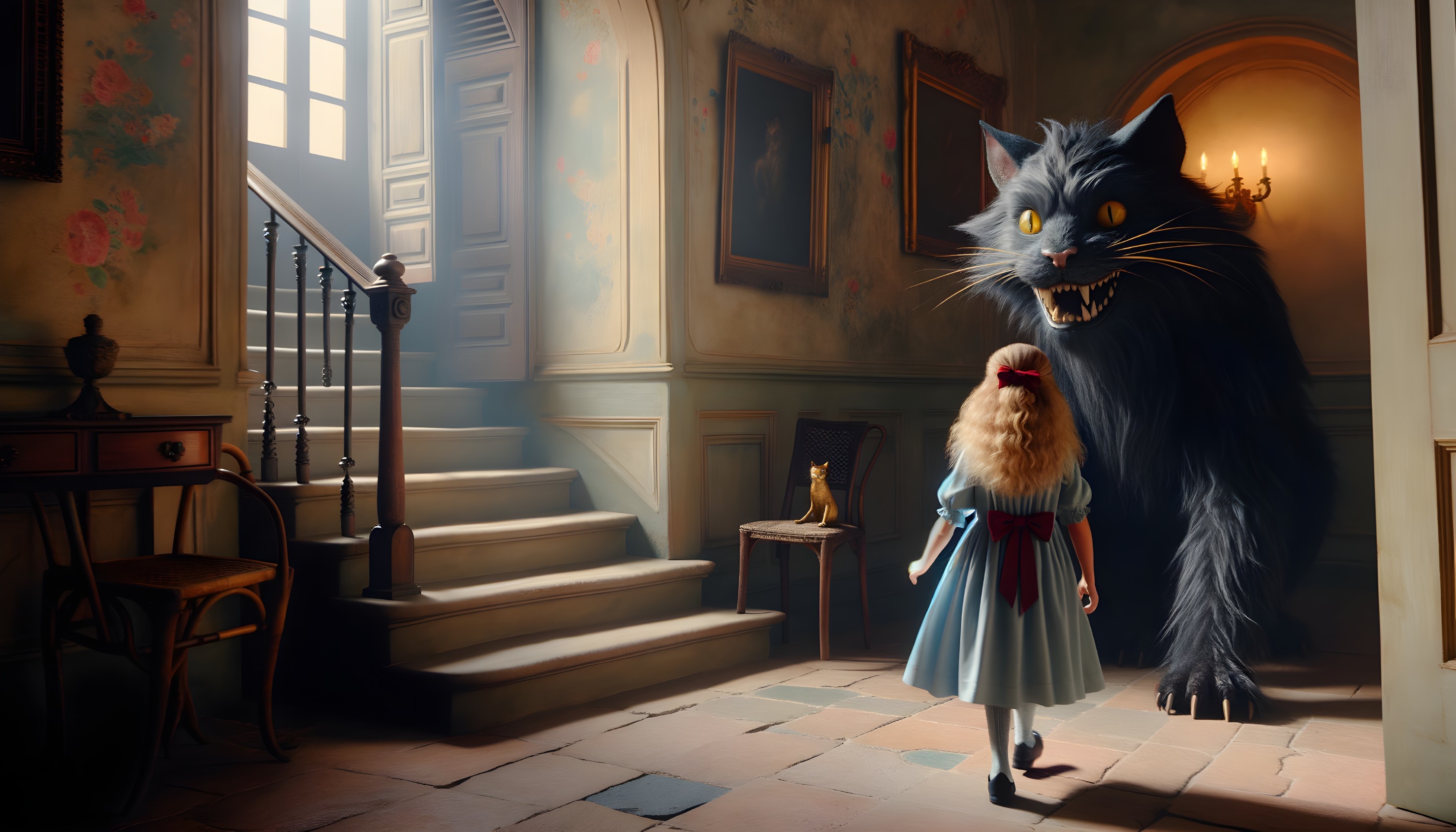 Whimsical Room with Girl and Giant Black Cat