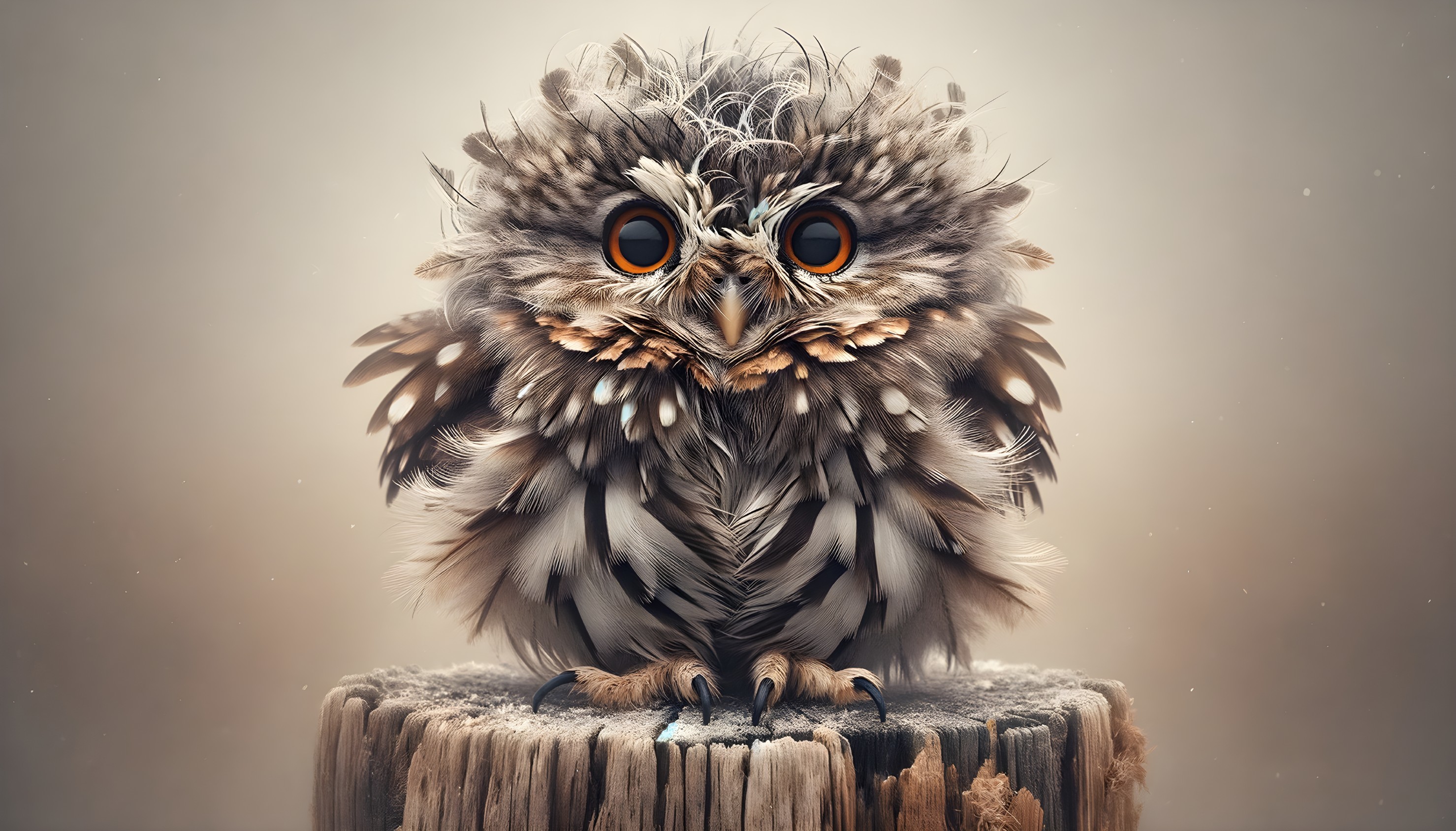 Ruffled Owl Perched on Stump