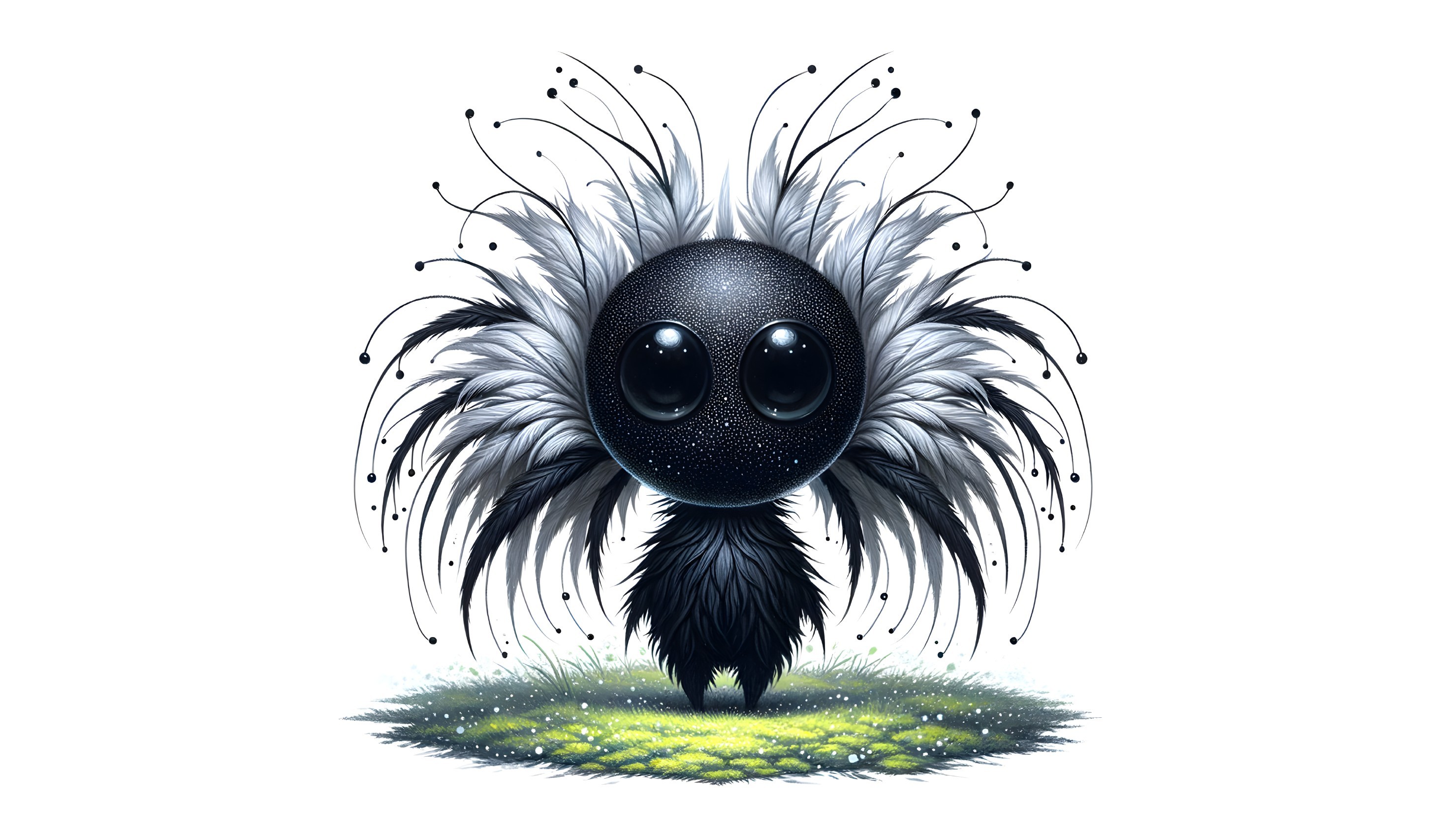 Whimsical Creature with Black Body and Feather-Like Appendages