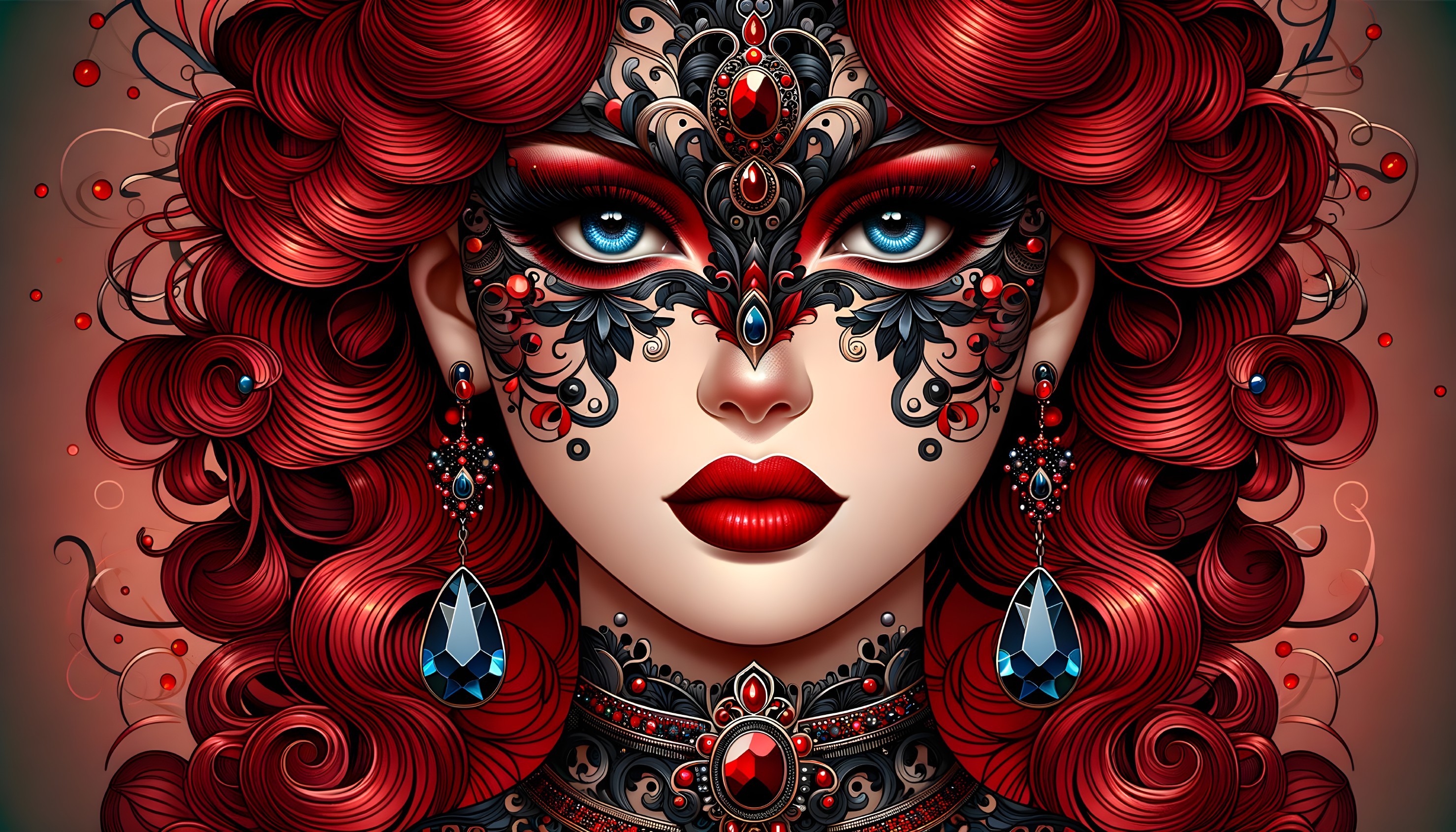 Portrait of a Woman in Masquerade with Vibrant Curls