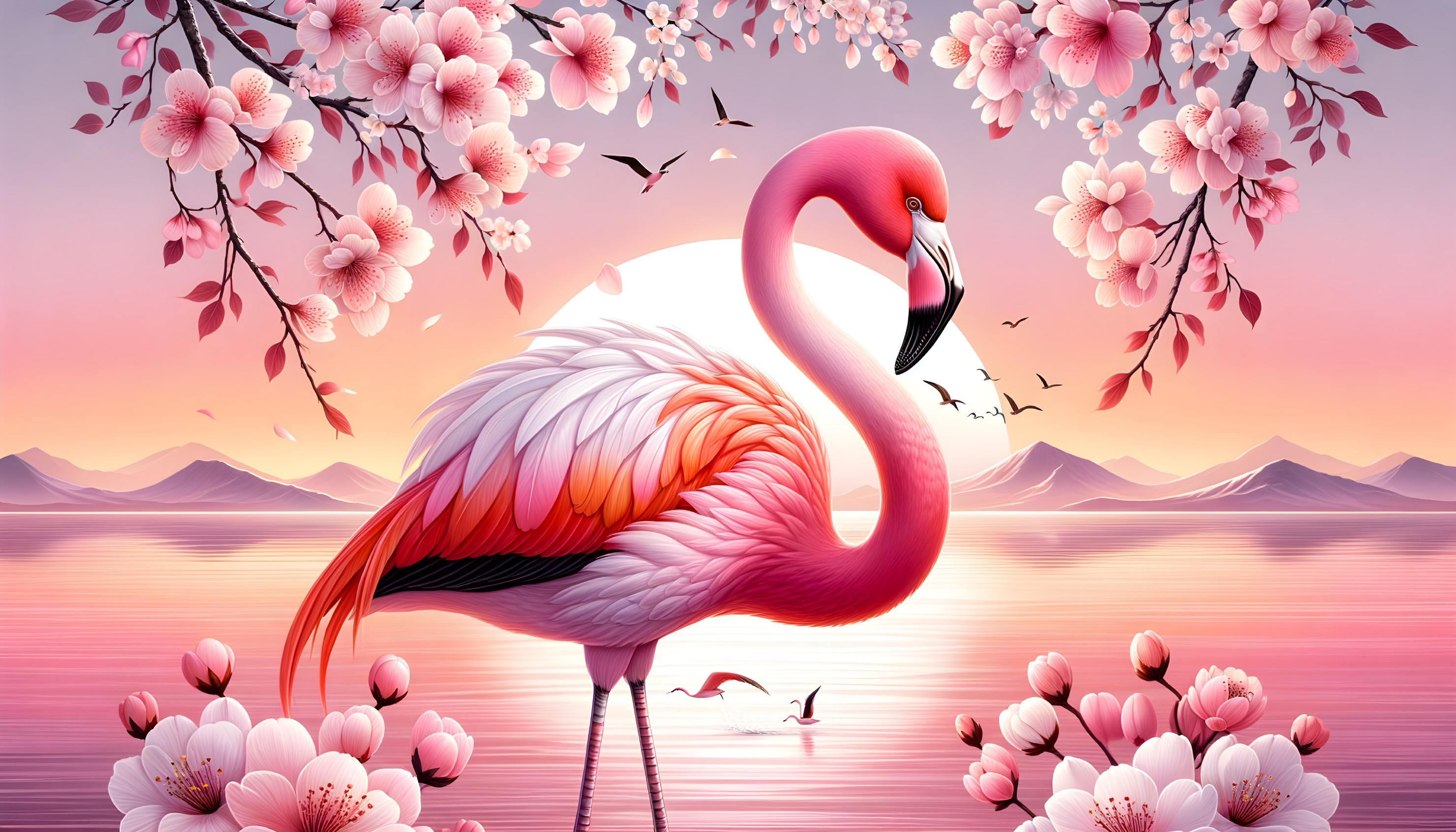 Flamingo Bliss - Cherry Blossom Sunset