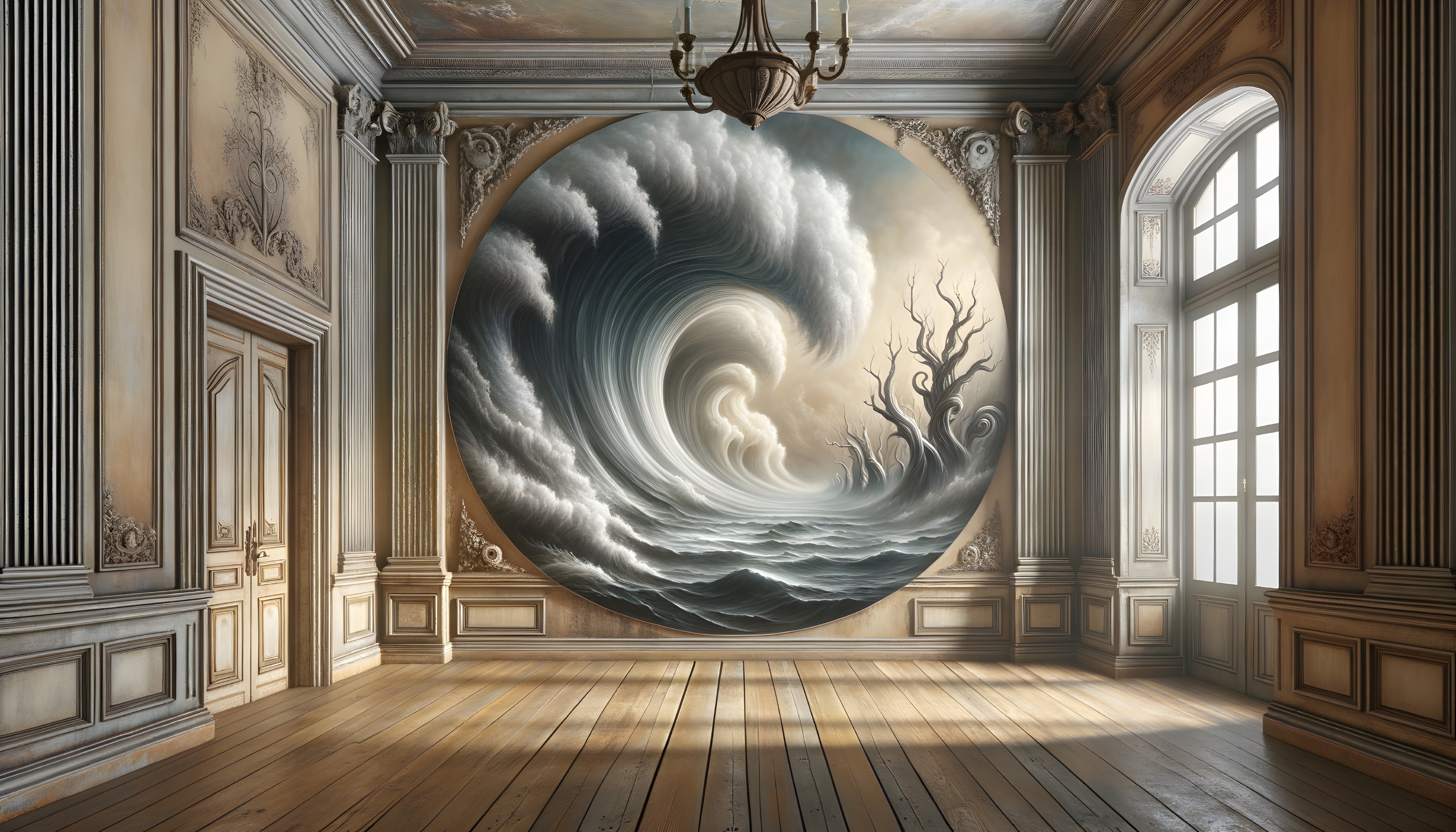 Elegant Room with Mural of Crashing Wave and Light