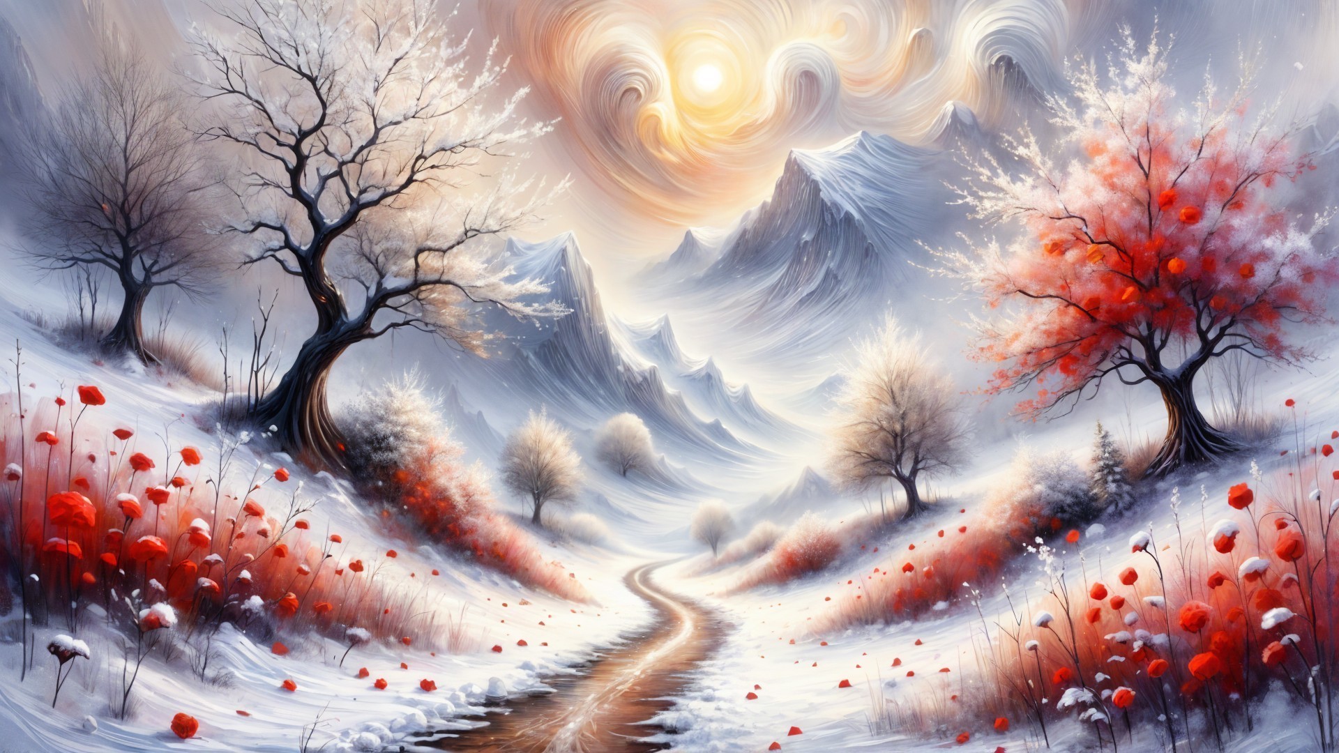 Winter Landscape with Snow-Covered Mountains and Trees