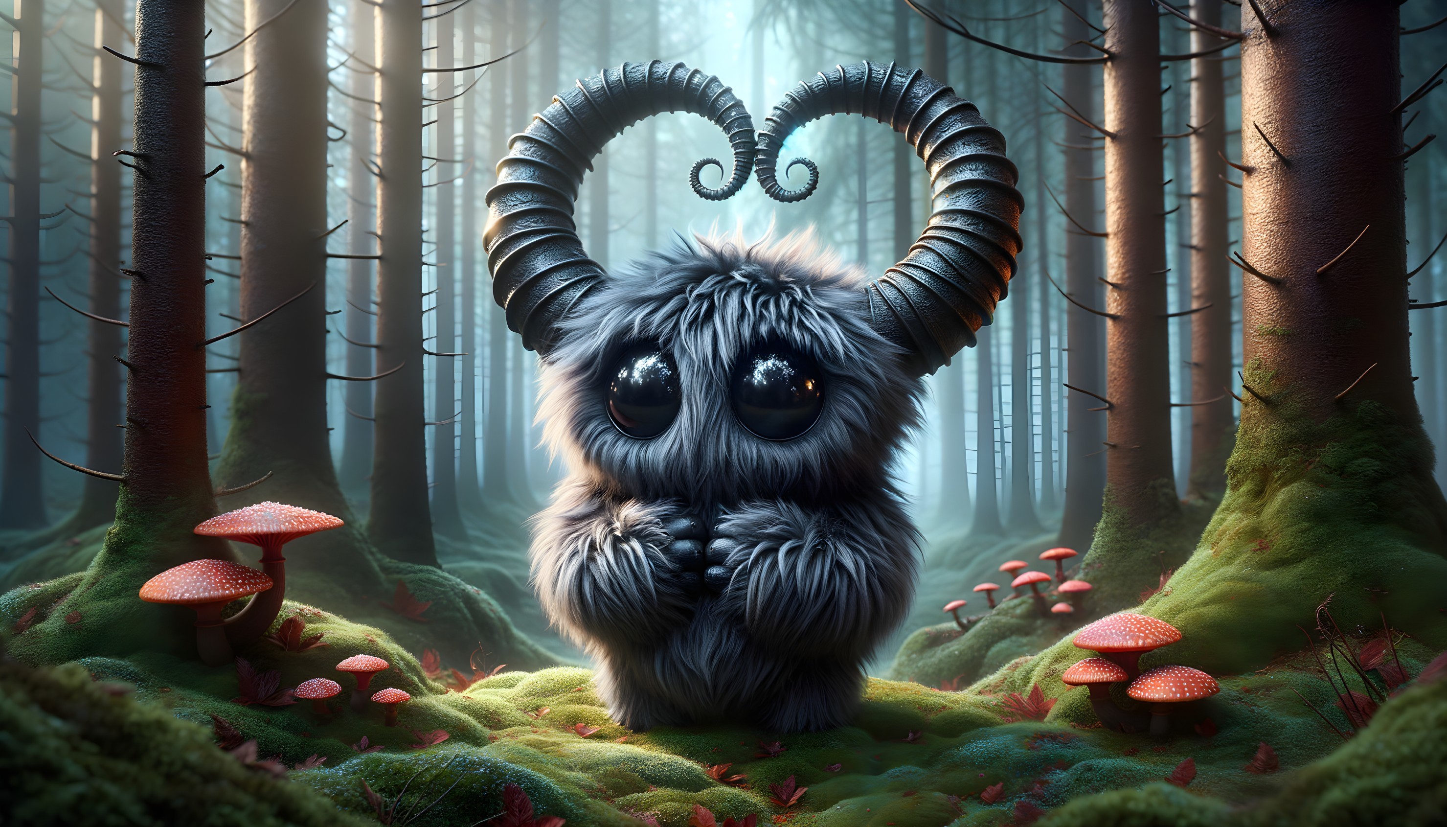 Whimsical Furry Creature in a Misty Forest Setting