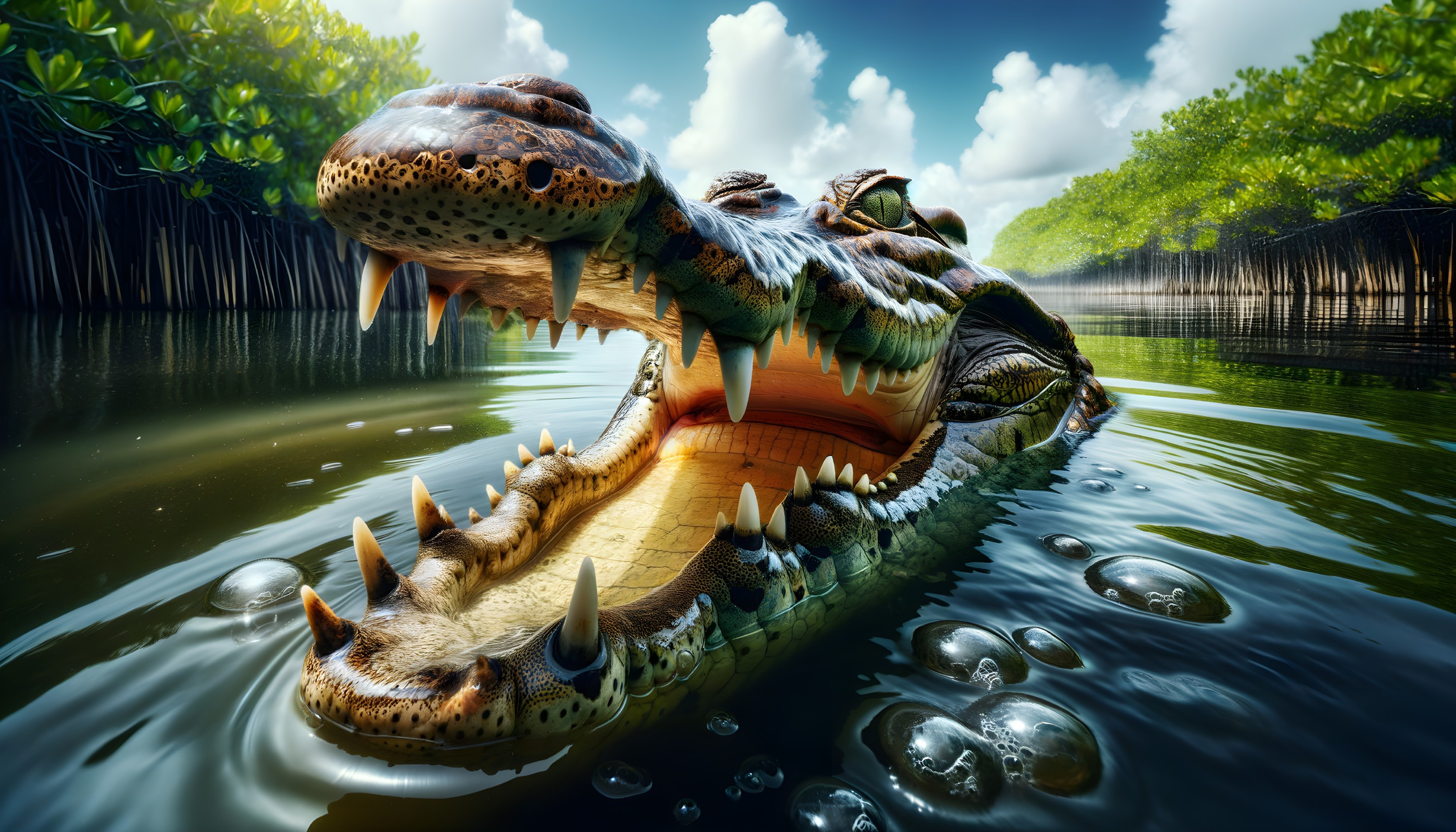 Crocodile Surfaces in Serene Mangrove Waters