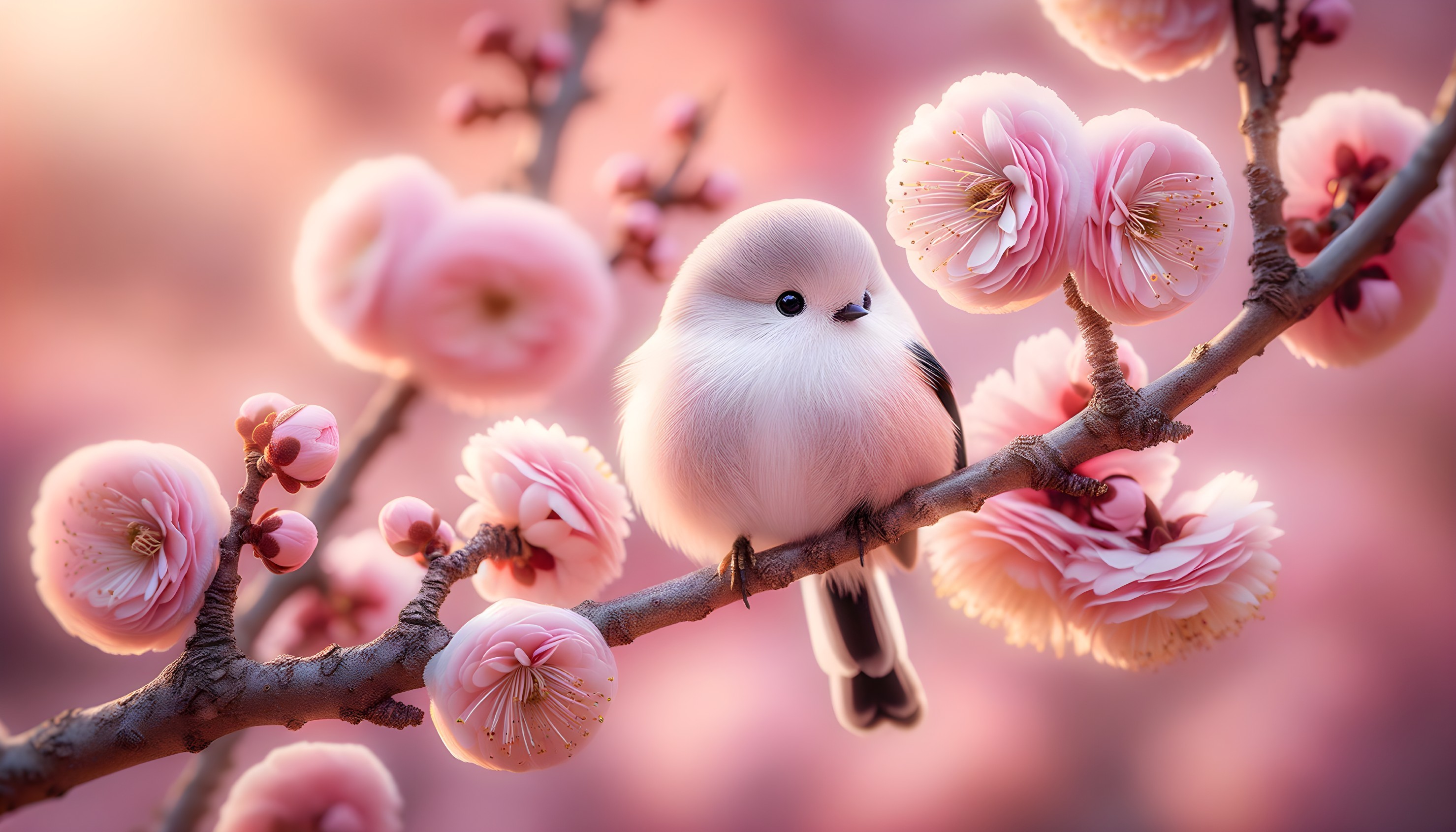 Delicate Bird Perched Among Pink Blossoms in Sunlight