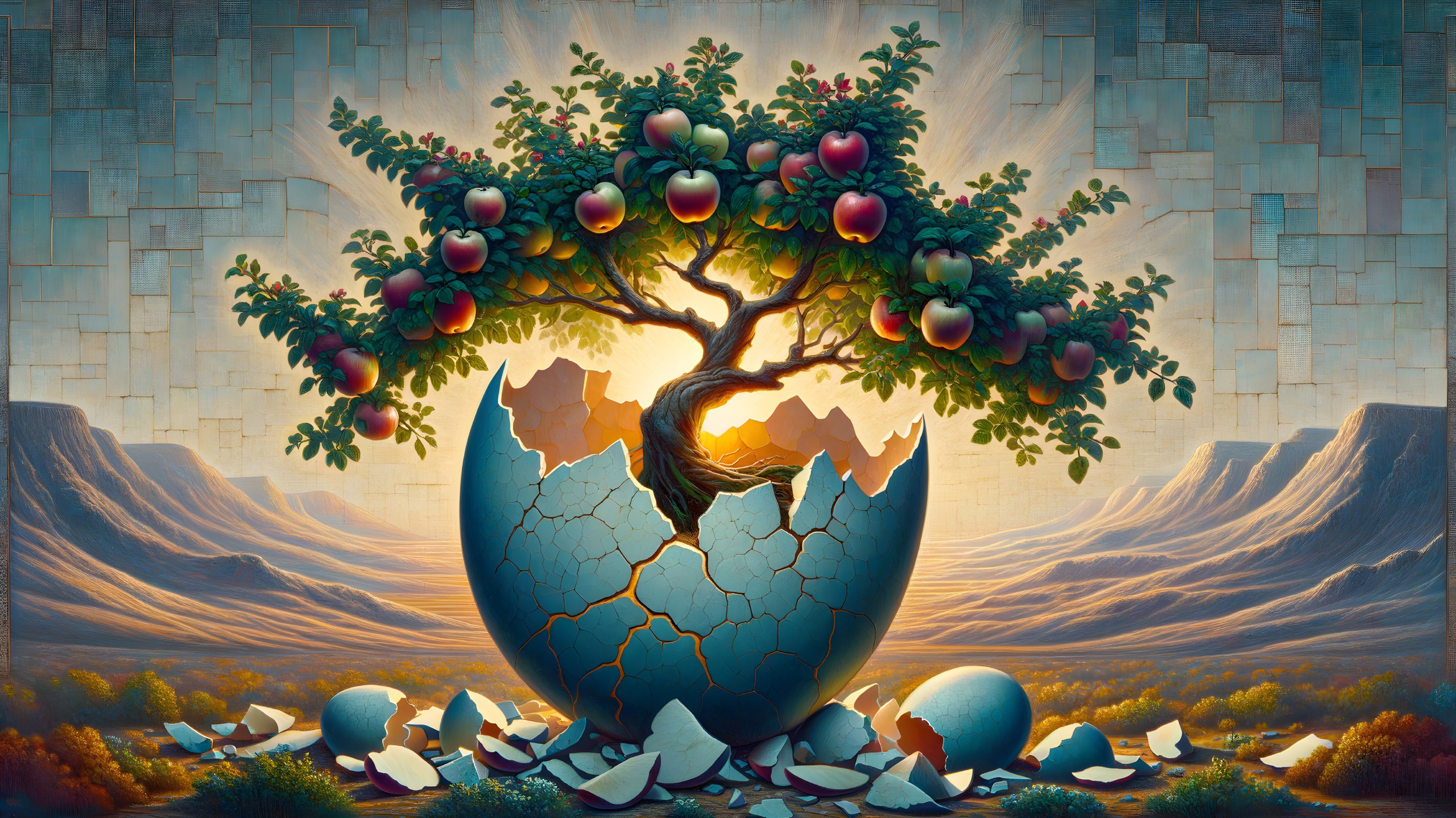 Tree with Red Apples from Cracked Blue Eggshell