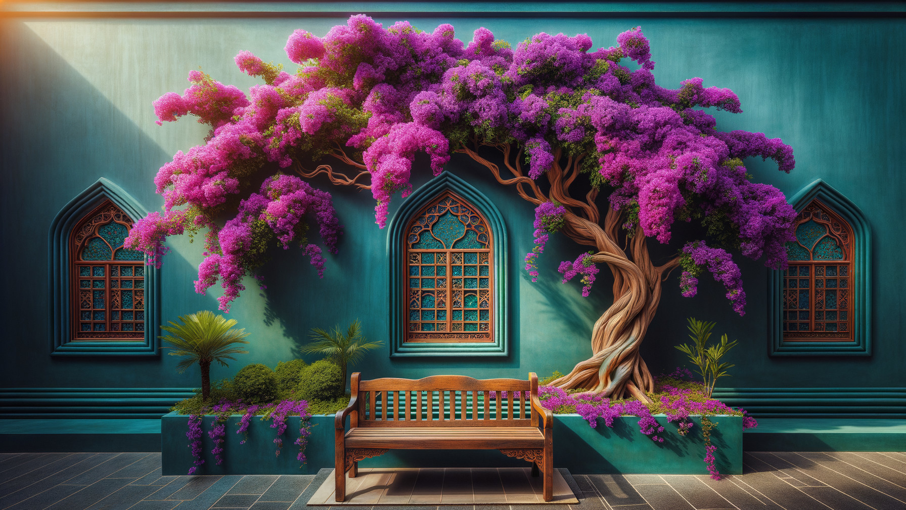 Bougainvillea Tree with Purple Flowers by Turquoise Wall