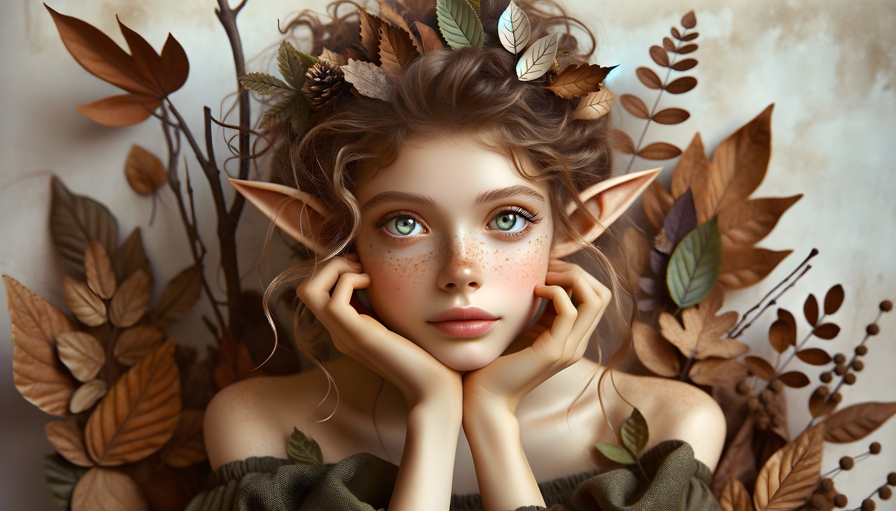 Young girl with pointed ears and green eyes in nature