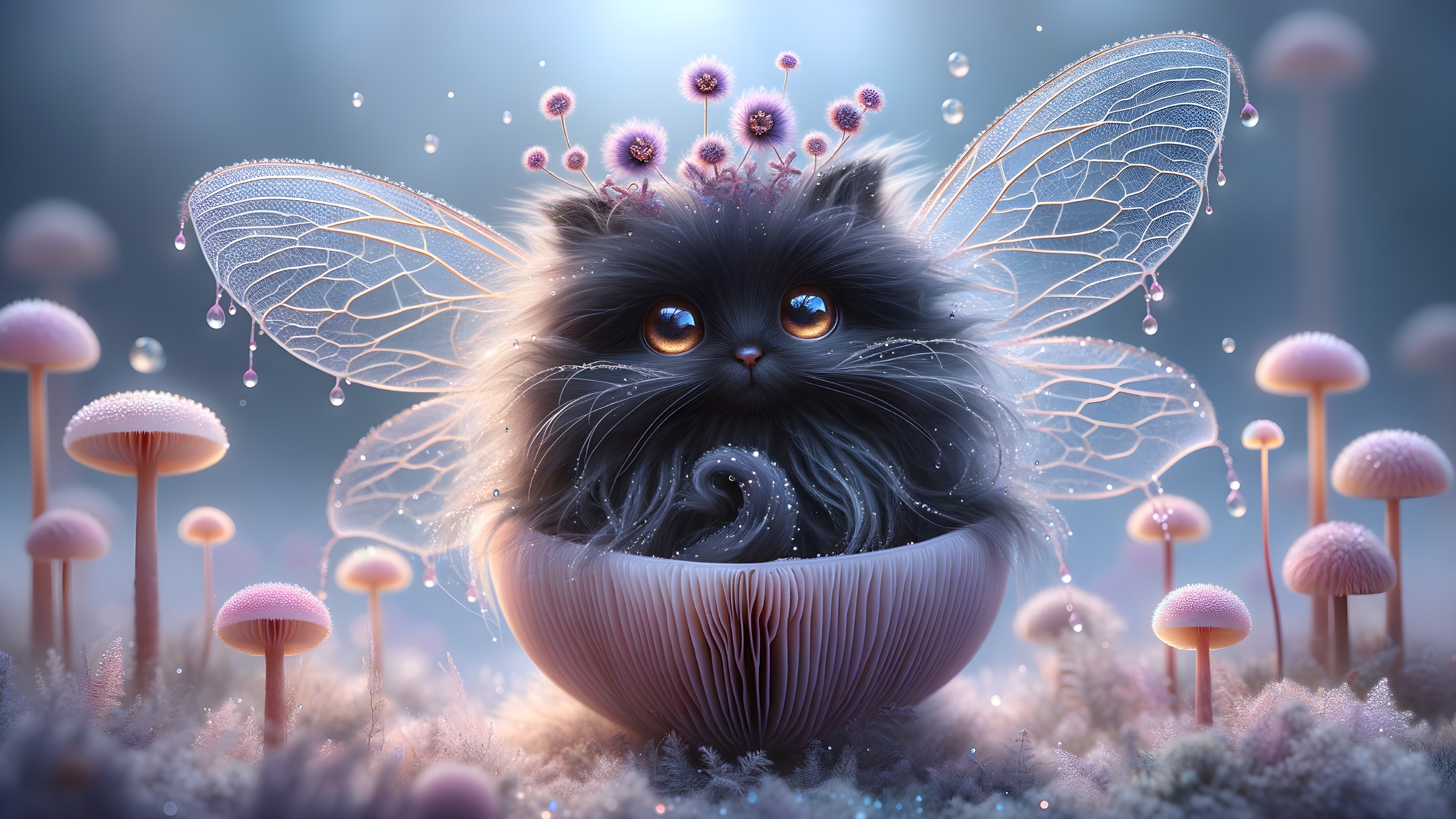 Whimsical Cat with Fairy Wings in Enchanted Setting