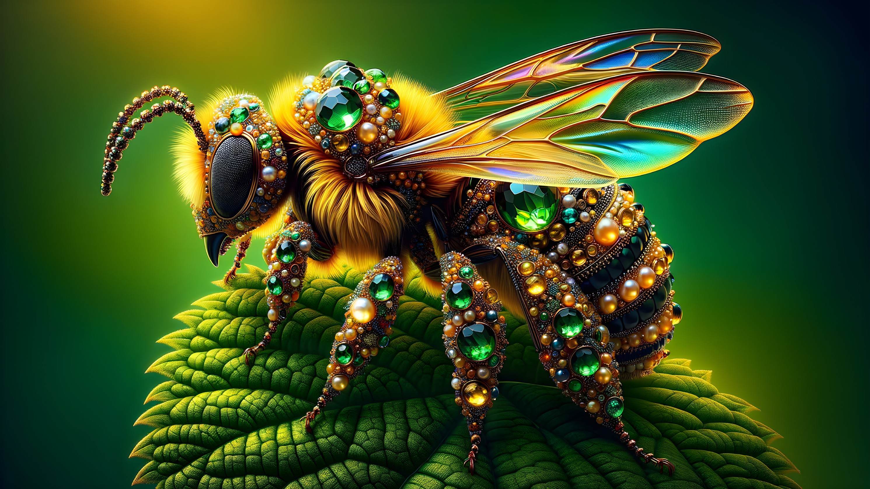 Vibrant jeweled bee on lush green leaf scene