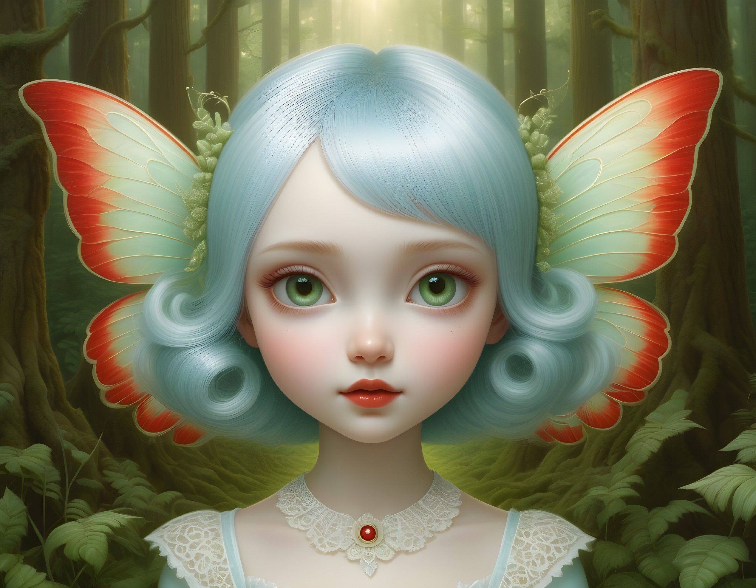 Whimsical girl with butterfly wings in a mystic forest
