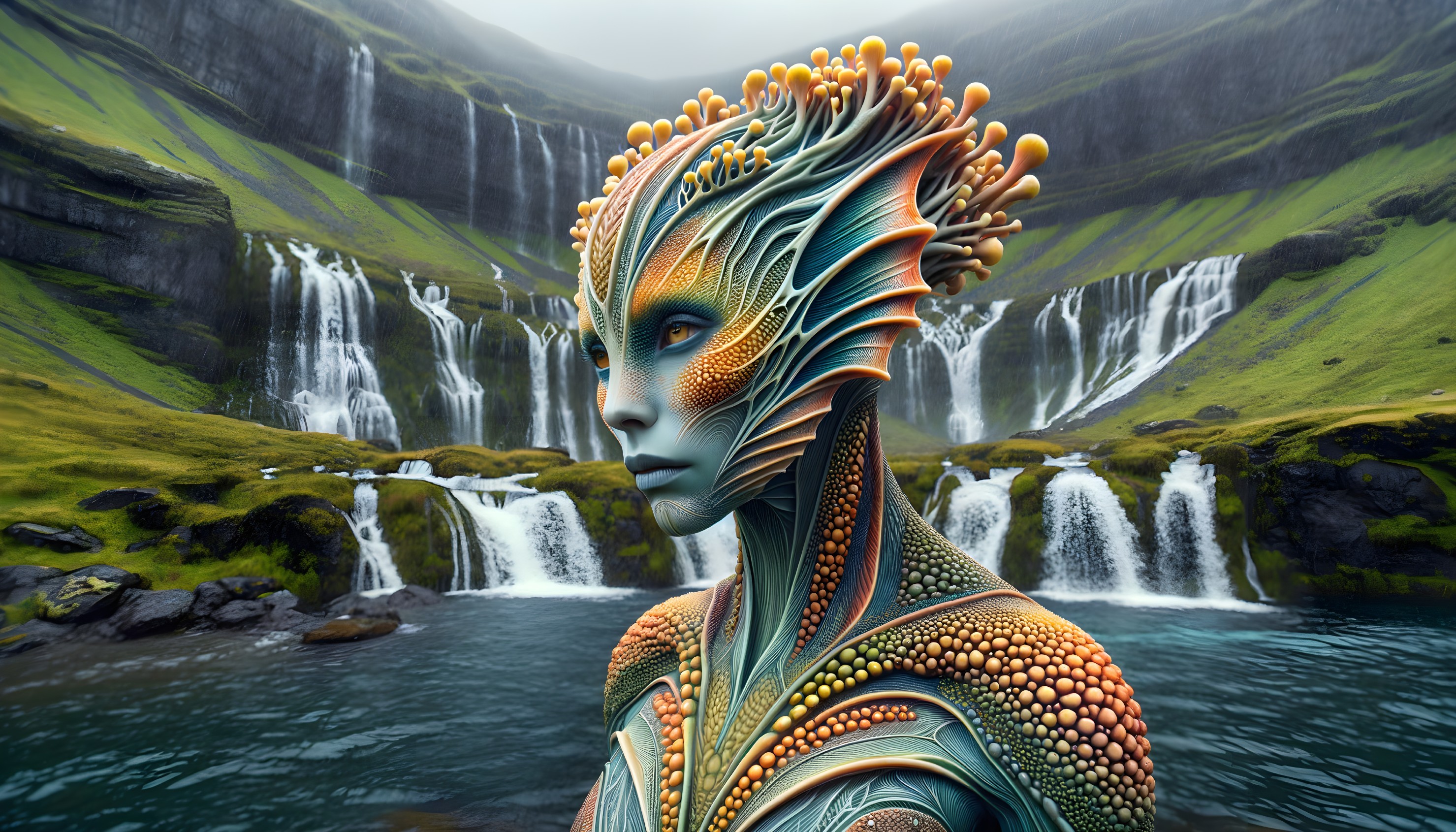 Fantastical Humanoid Figure in Lush Landscapes