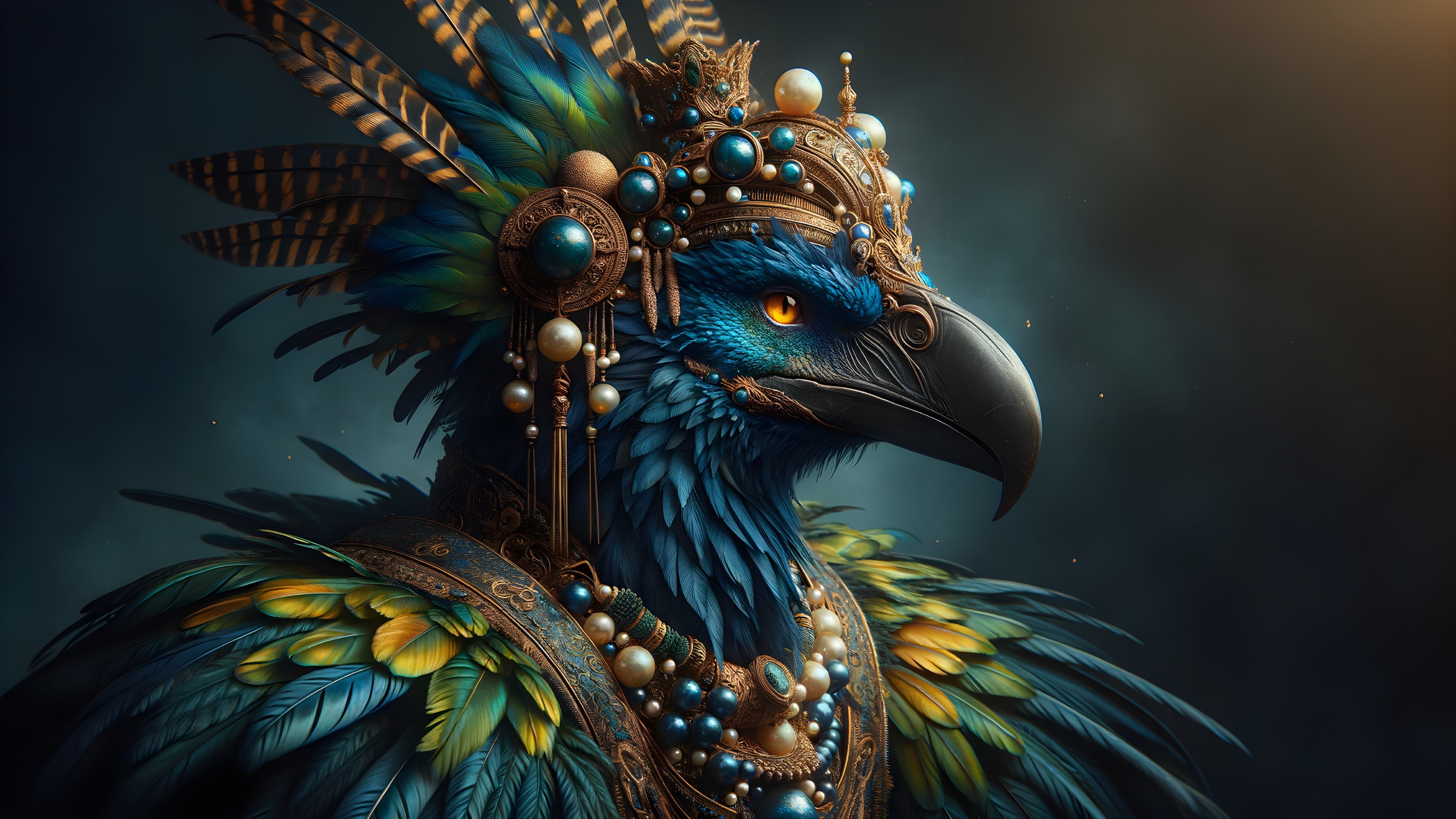 Majestic fictional bird with vibrant plumage and crown