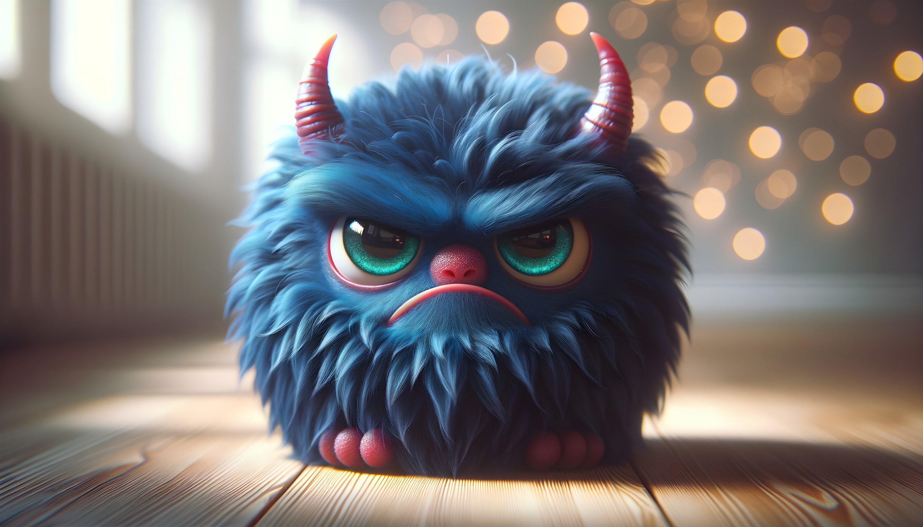 Fluffy Blue Creature with Red Horns on Wooden Floor