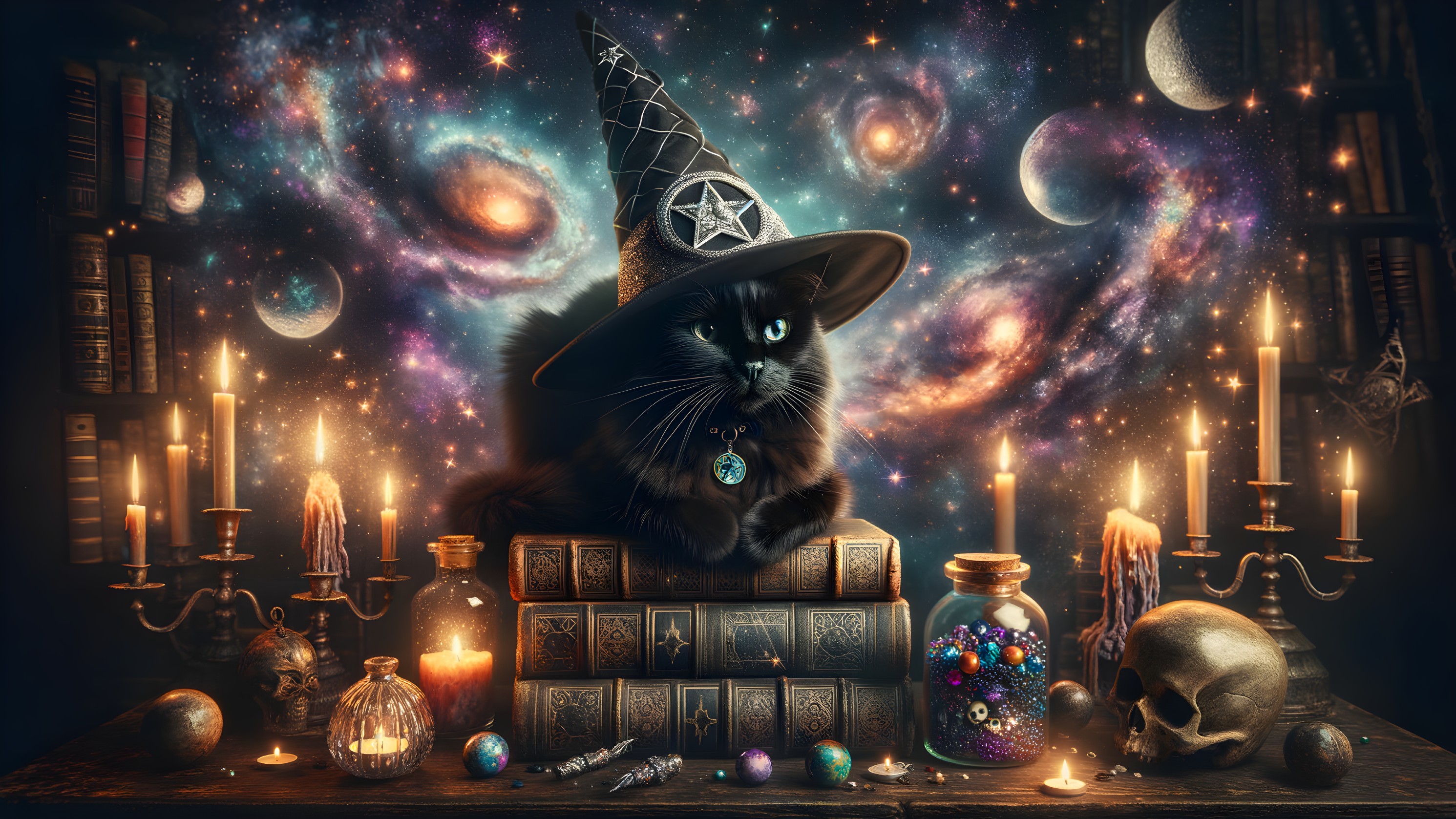 Mystical Black Cat with Wizard Hat Among Ancient Books