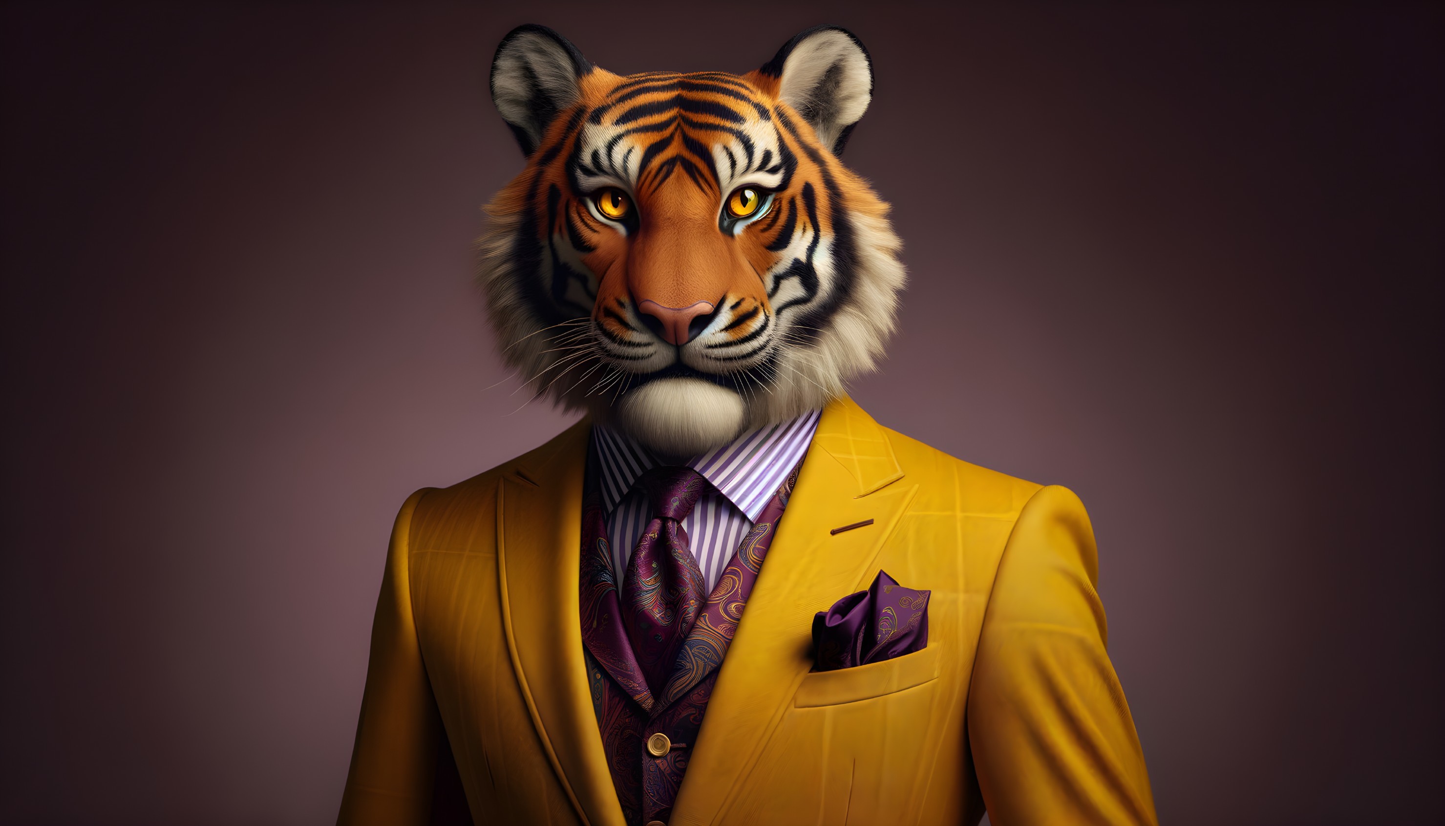 Character with Tiger Head in Yellow Suit and Purple Pocket Square