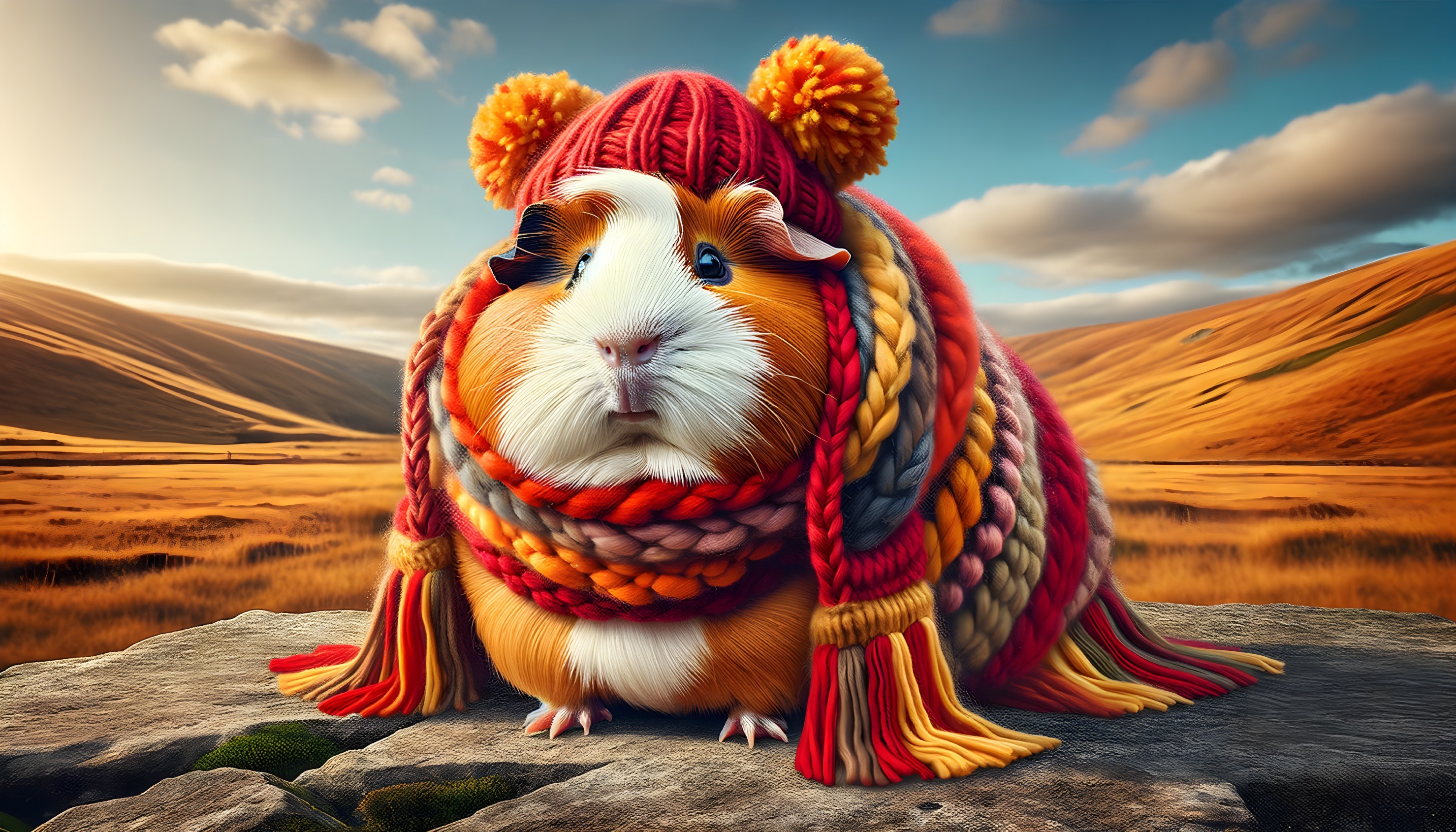 Guinea Pig in Colorful Hat and Scarf on a Rock