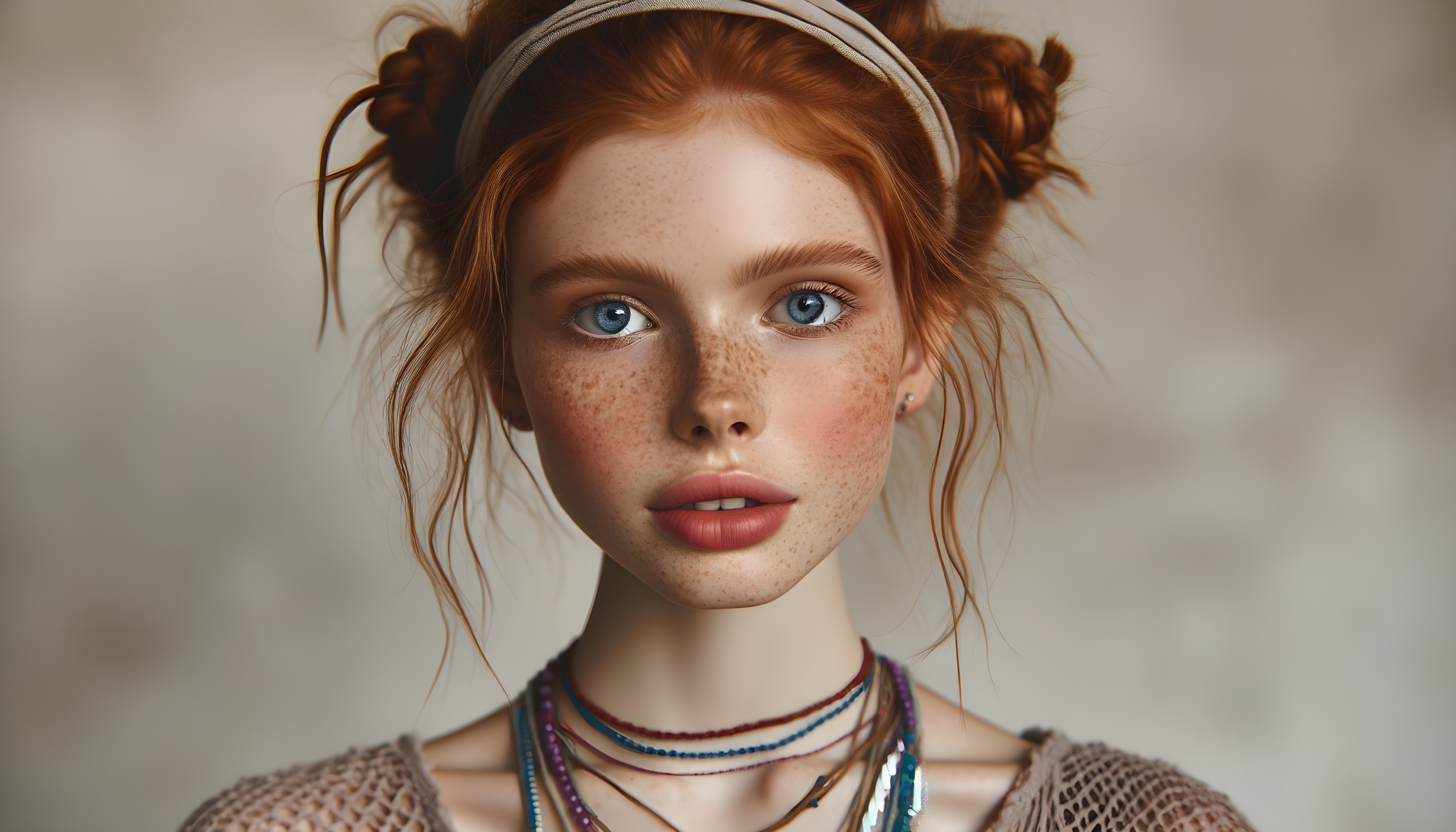 Portrait of a young woman with blue eyes and red hair
