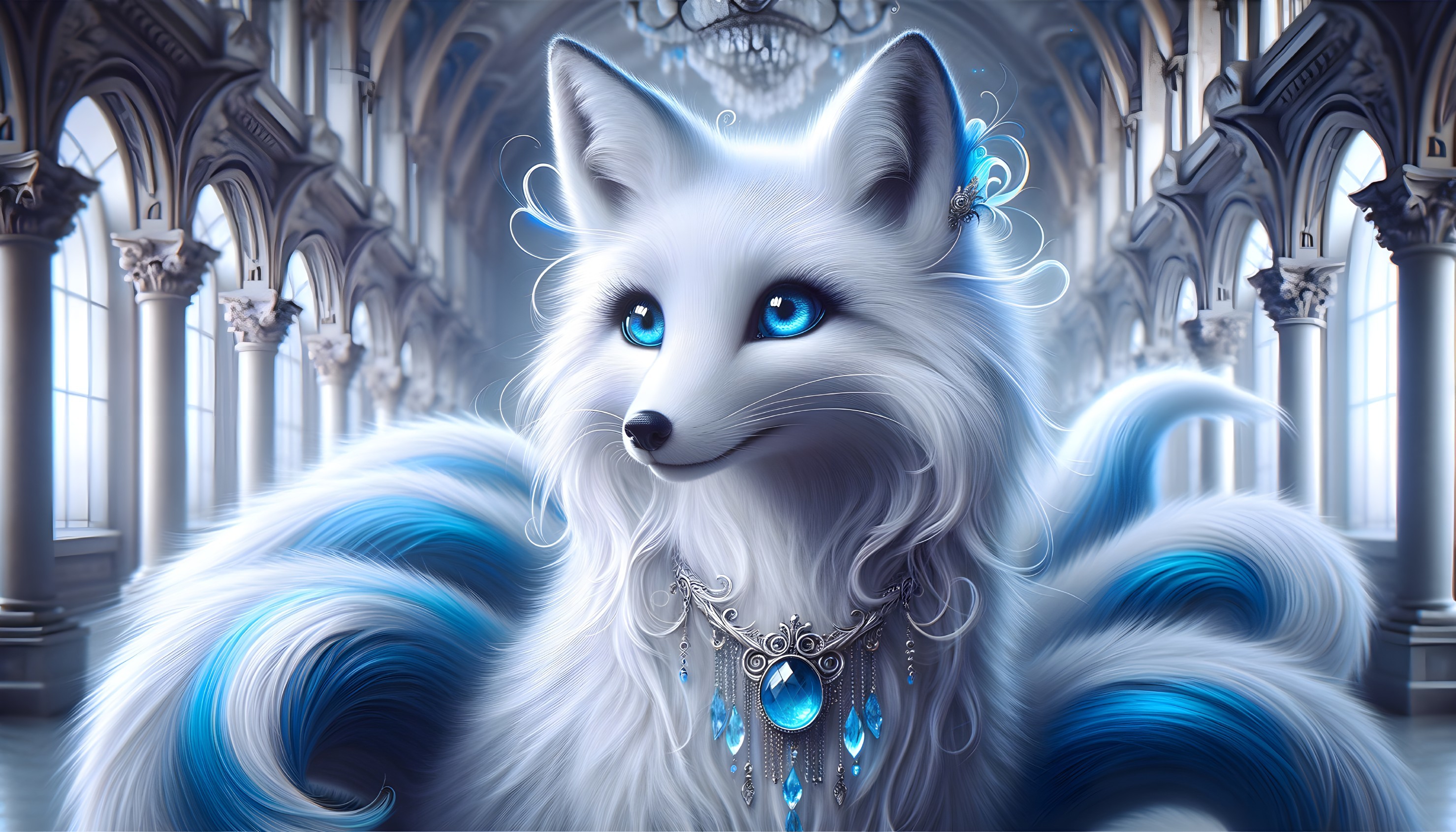 Majestic white fox in a grand luminous hall