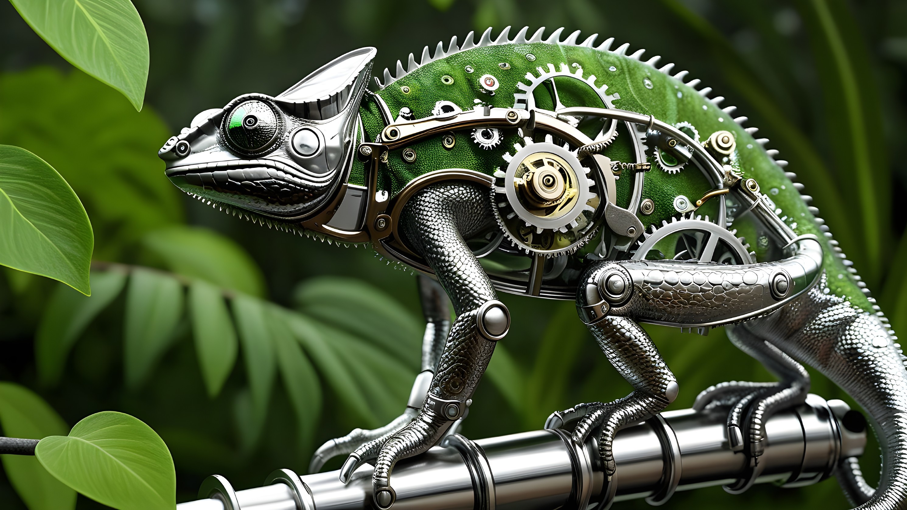 Steampunk Chameleon on Metallic Branch with Gears