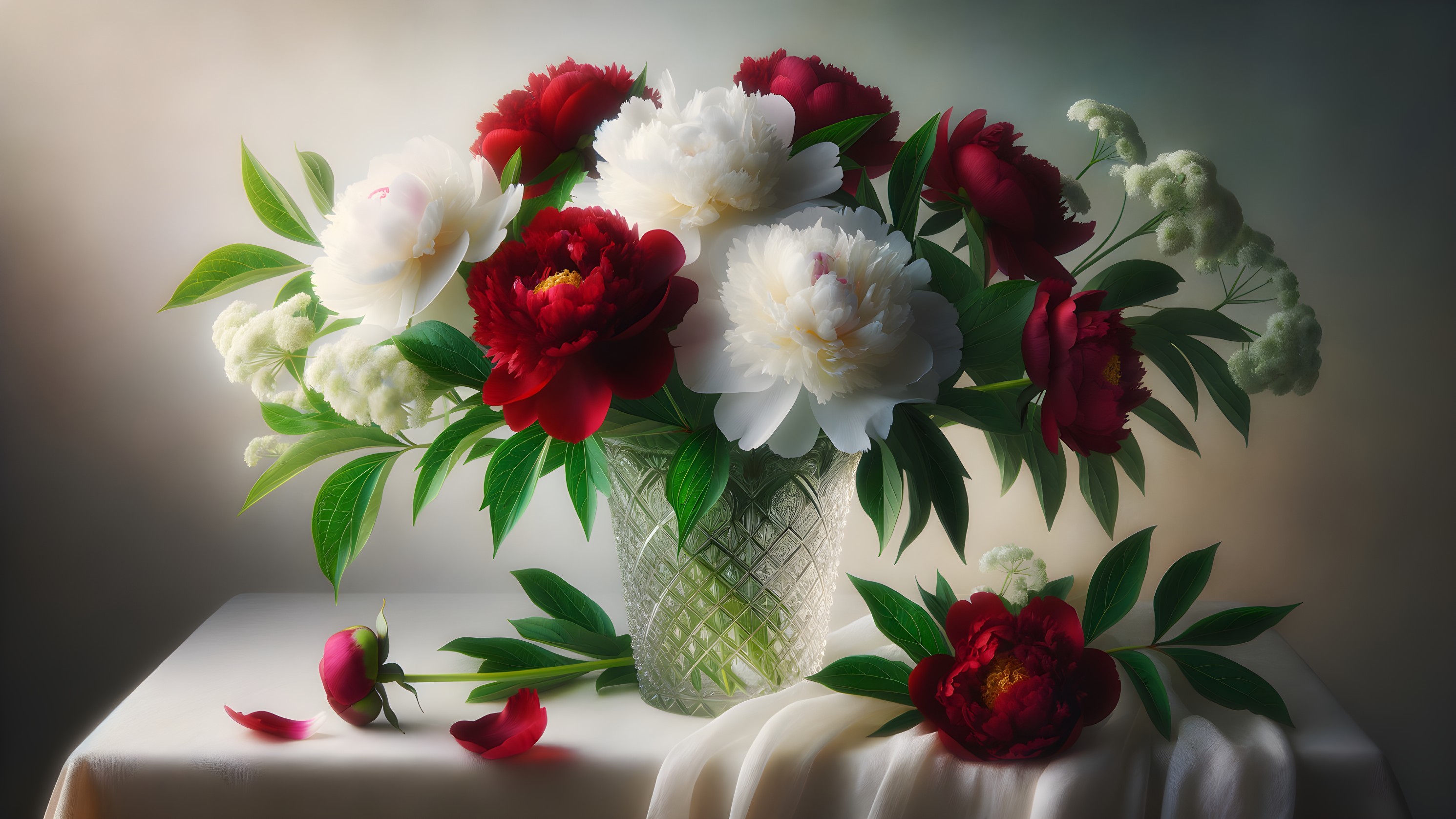 Peonies in a Crystal Vase with Green Leaves and Petals