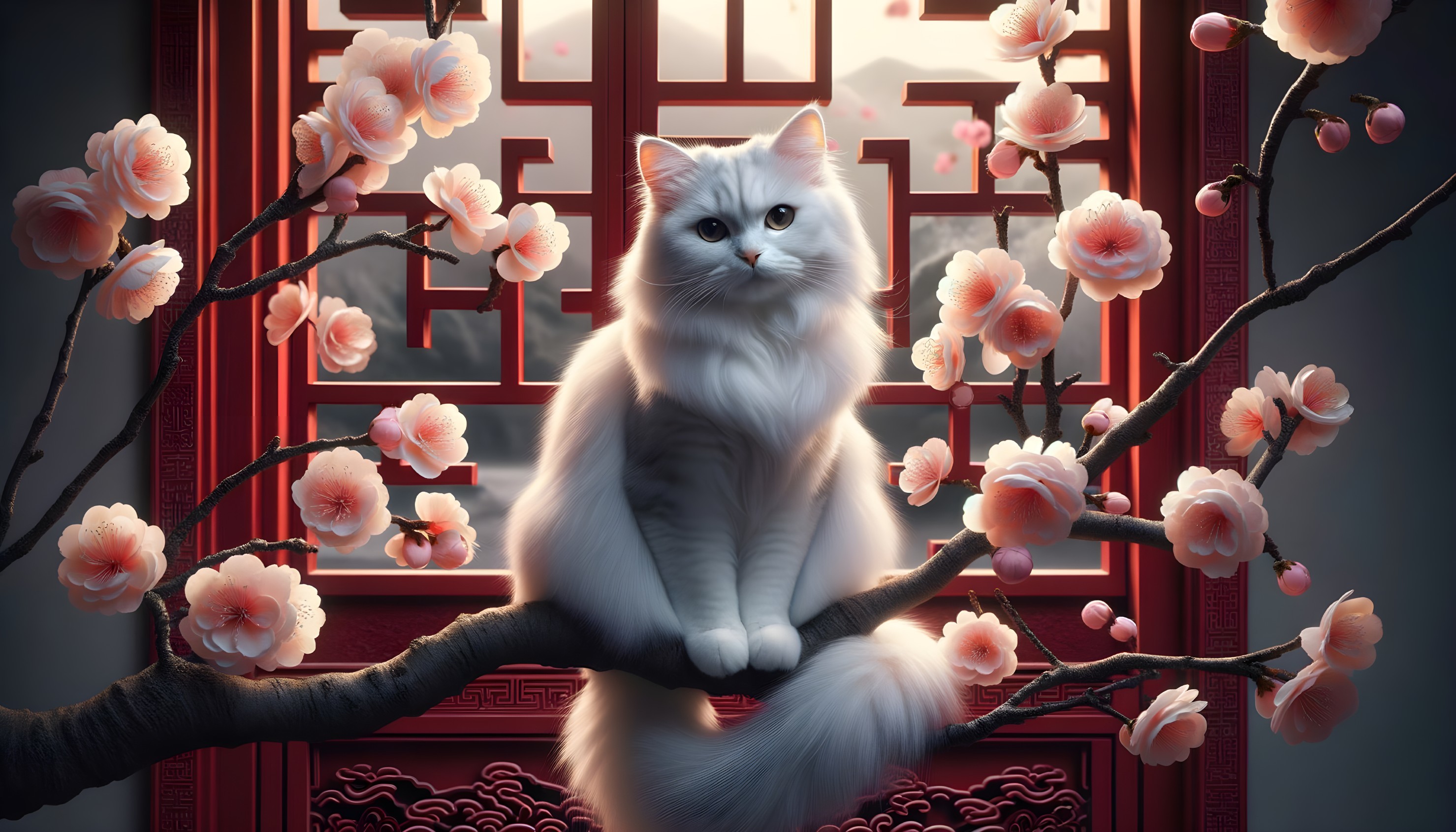 Fluffy White Cat on Branch with Pink Flowers