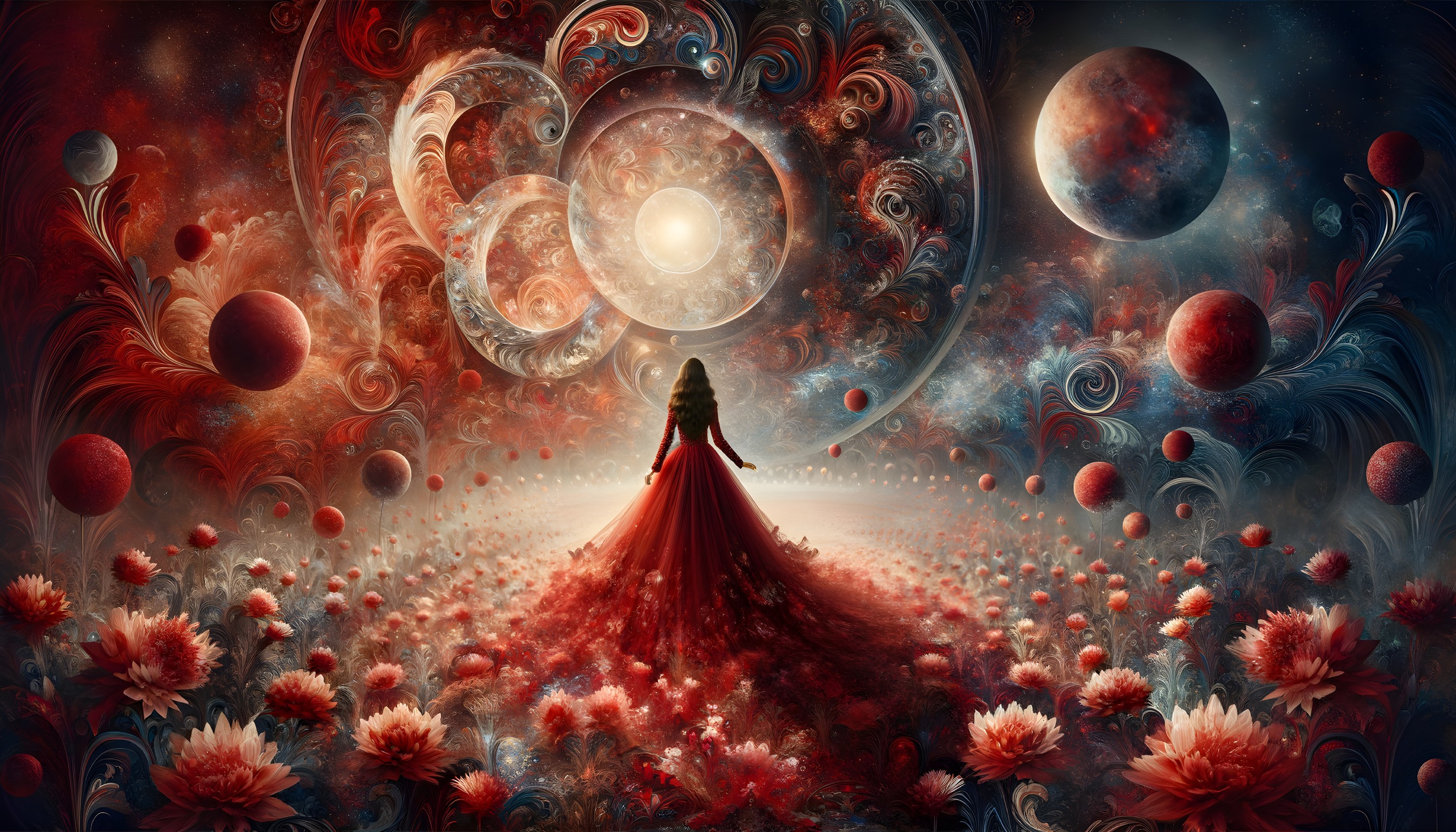 Majestic Figure in Red Gown Amidst Cosmic Landscape