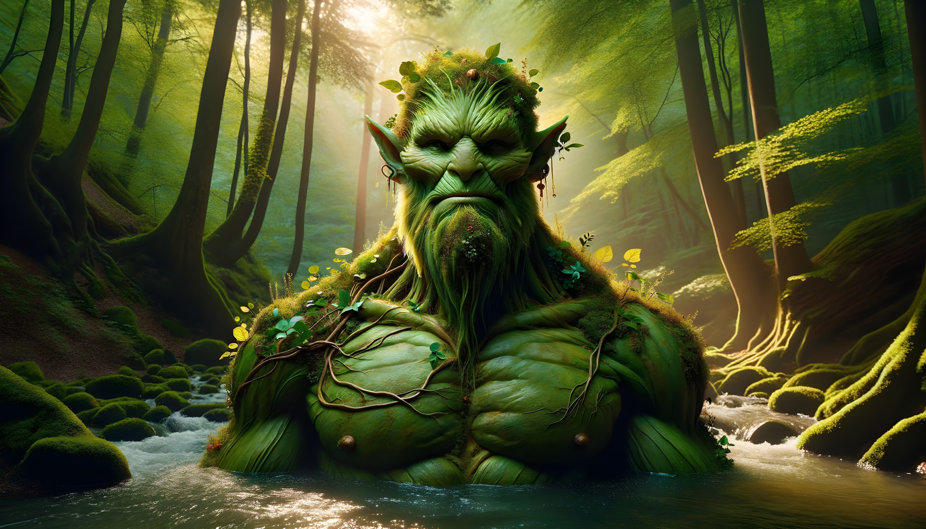 Humanoid Figure of Green Vegetation in Enchanted Forest