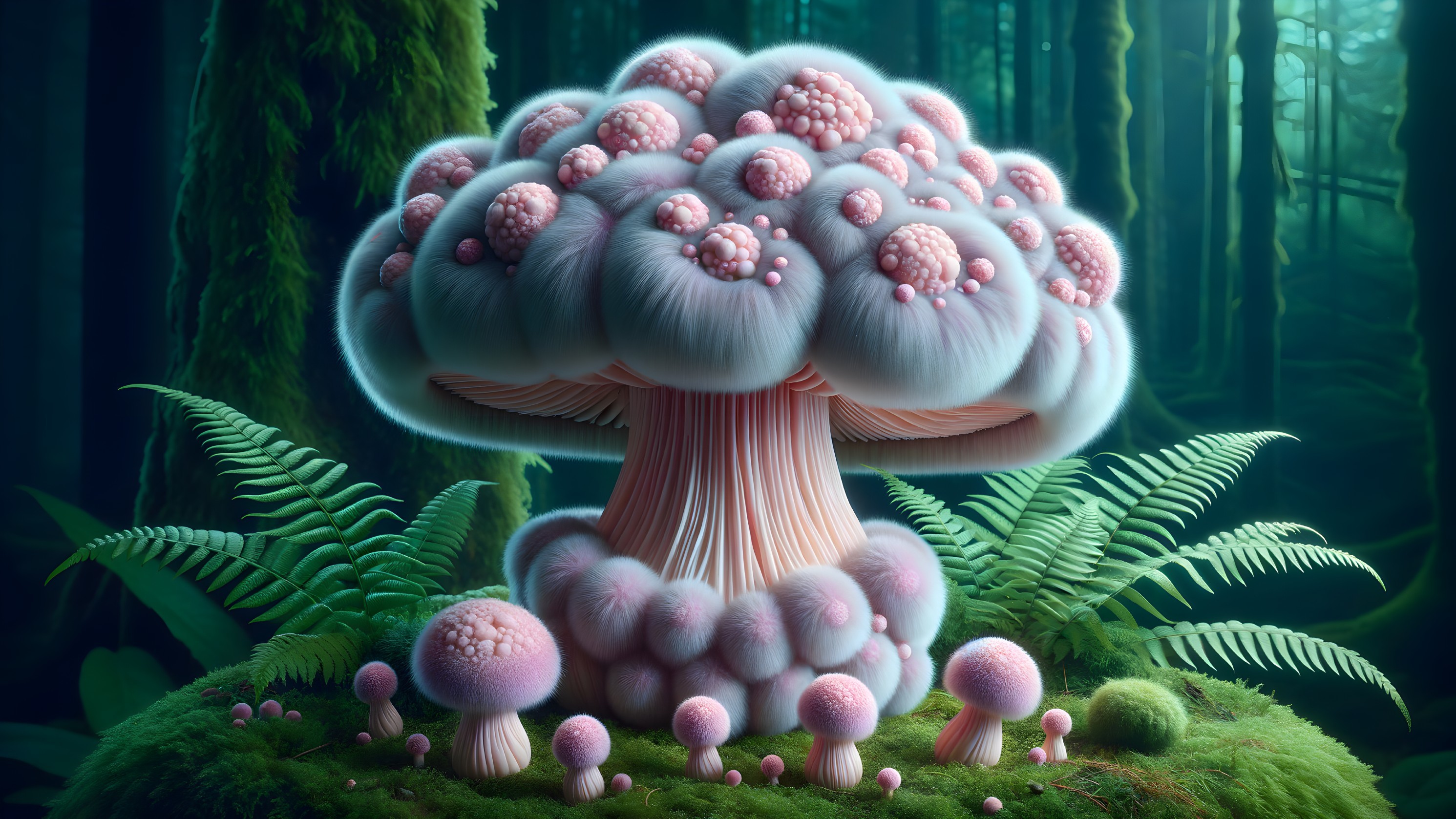 Vibrant Forest Scene with Fluffy Pink Mushroom