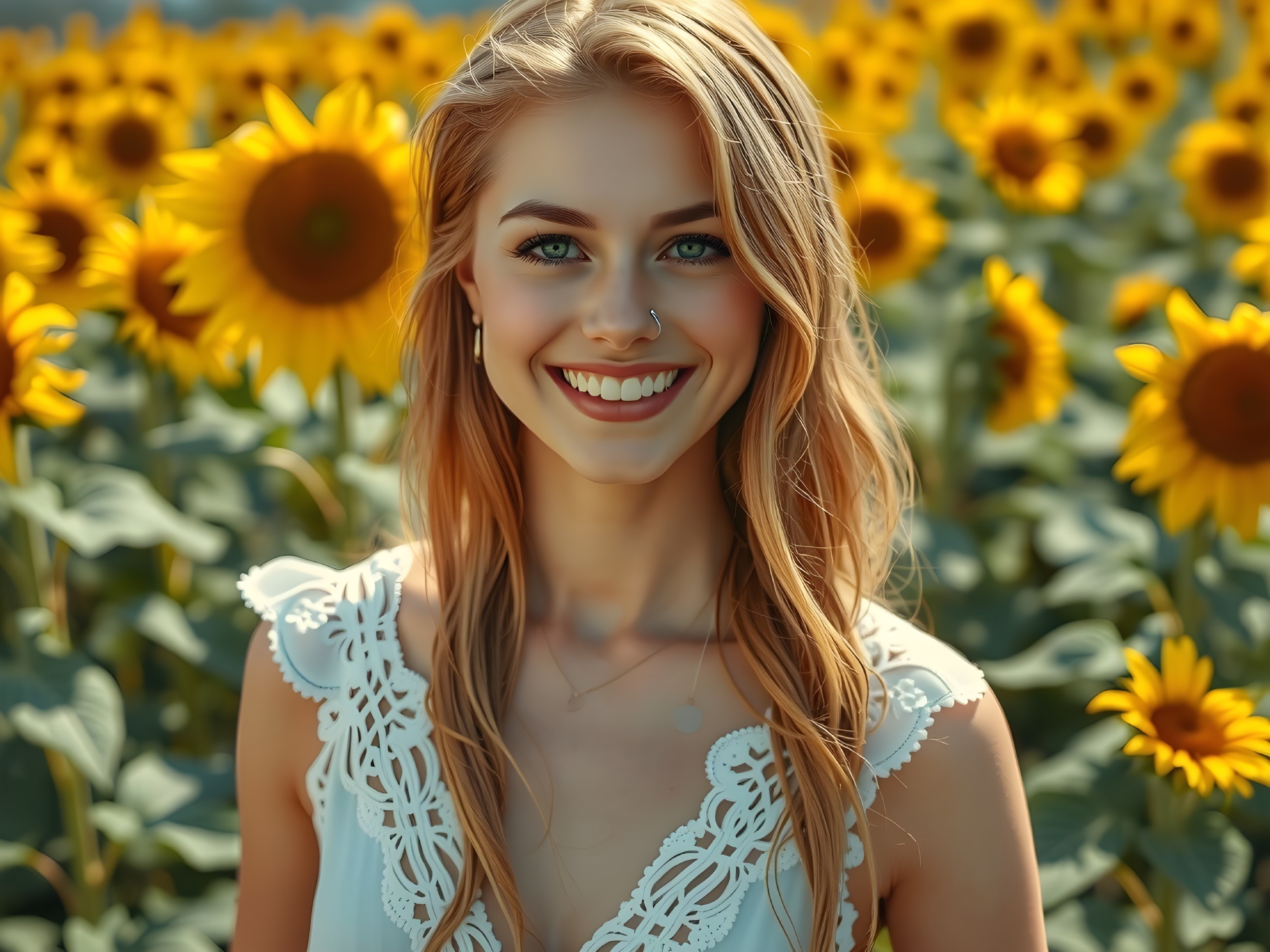 Young Woman in Vibrant Sunflower Field Setting