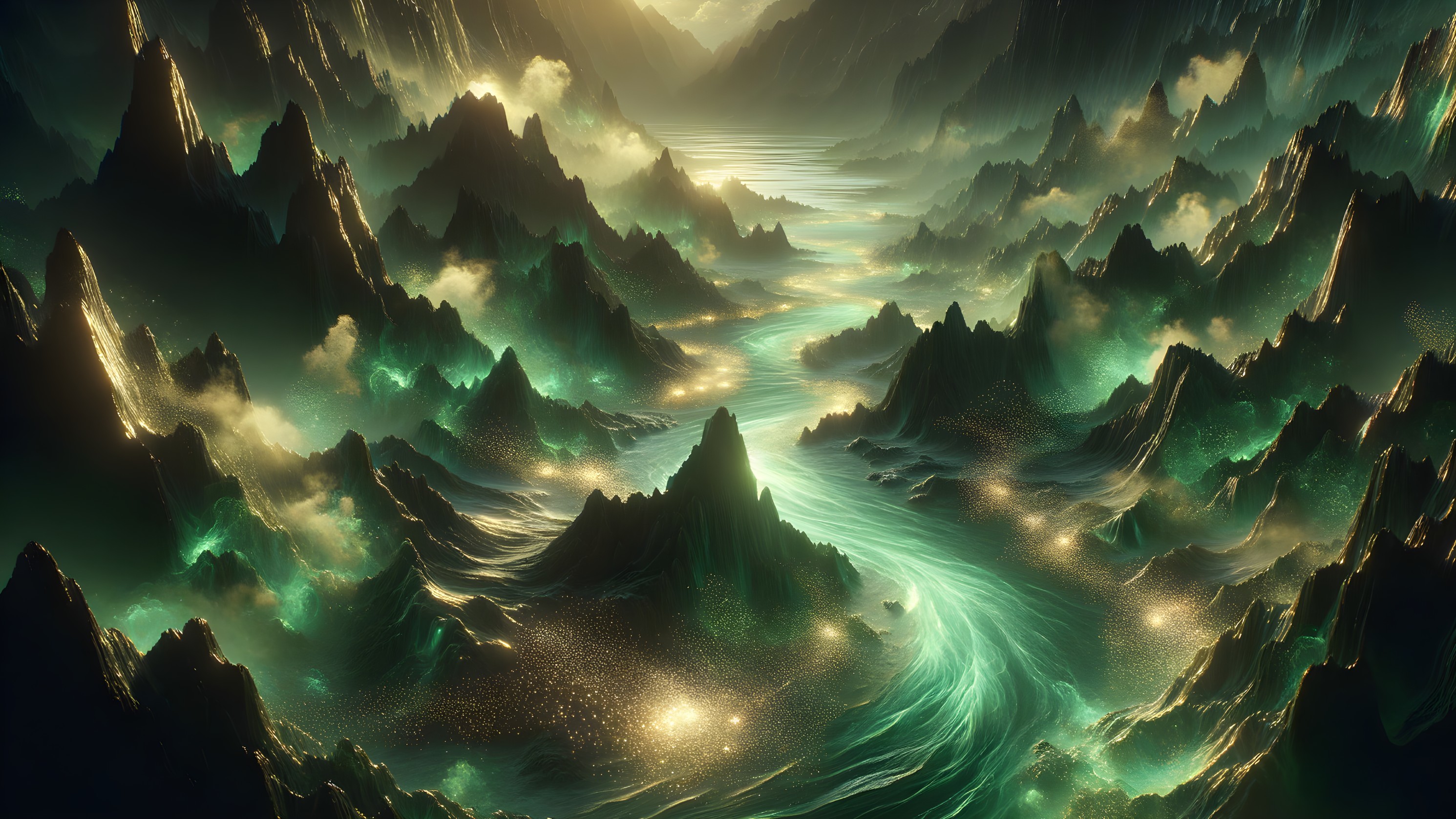 Majestic misty mountains and vibrant winding river landscape